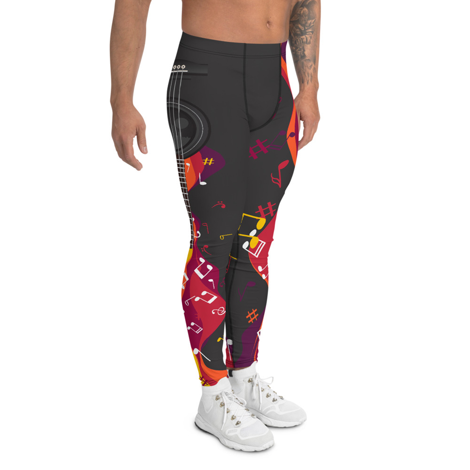 A pair of stylish Musical Leggings for Men, showcasing a unique print design, made from a high-performance fabric blend for comfort and flexibility during workouts.