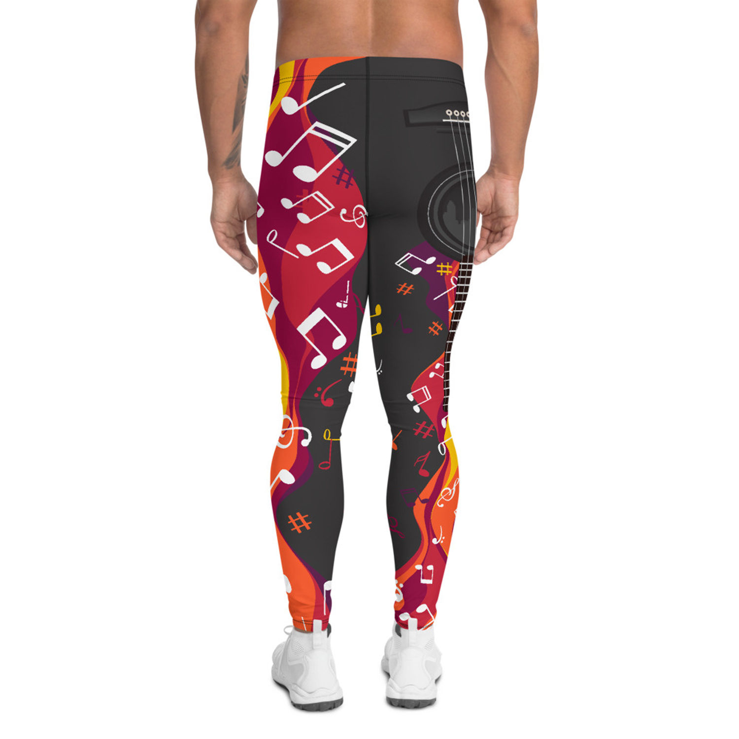 A pair of stylish Musical Leggings for Men, showcasing a unique print design, made from a high-performance fabric blend for comfort and flexibility during workouts.