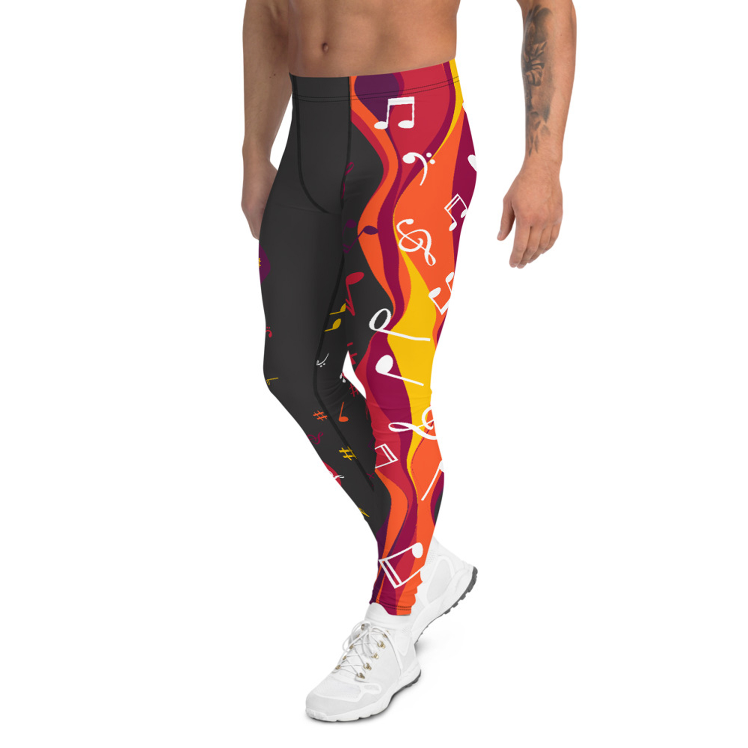 A pair of stylish Musical Leggings for Men, showcasing a unique print design, made from a high-performance fabric blend for comfort and flexibility during workouts.