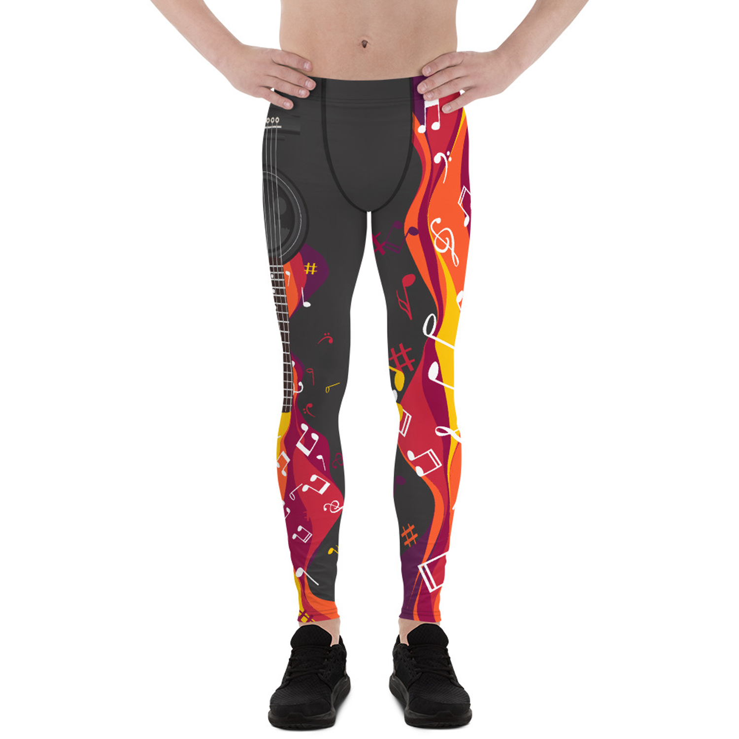 A pair of stylish Musical Leggings for Men, showcasing a unique print design, made from a high-performance fabric blend for comfort and flexibility during workouts.