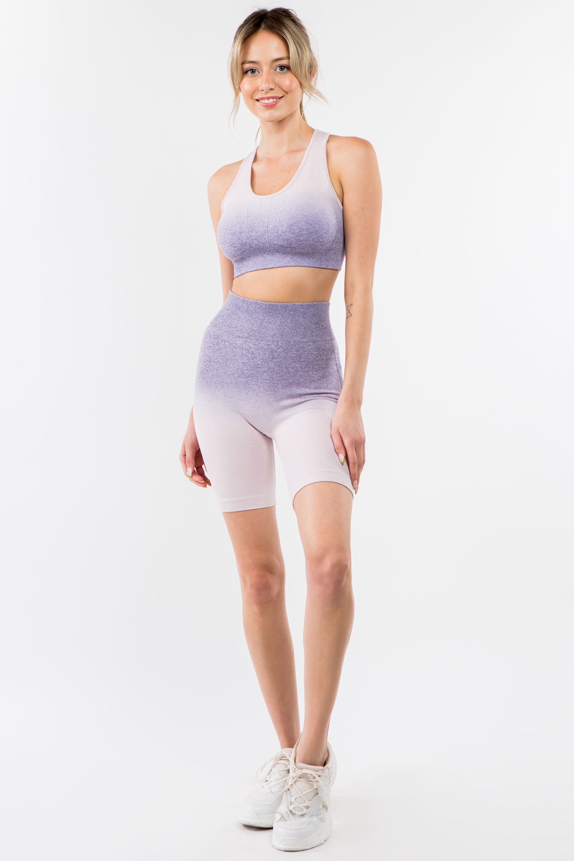 Ombre Seamless Biker Set featuring a racerback sports bra and seamless biker shorts in various Ombre colors.