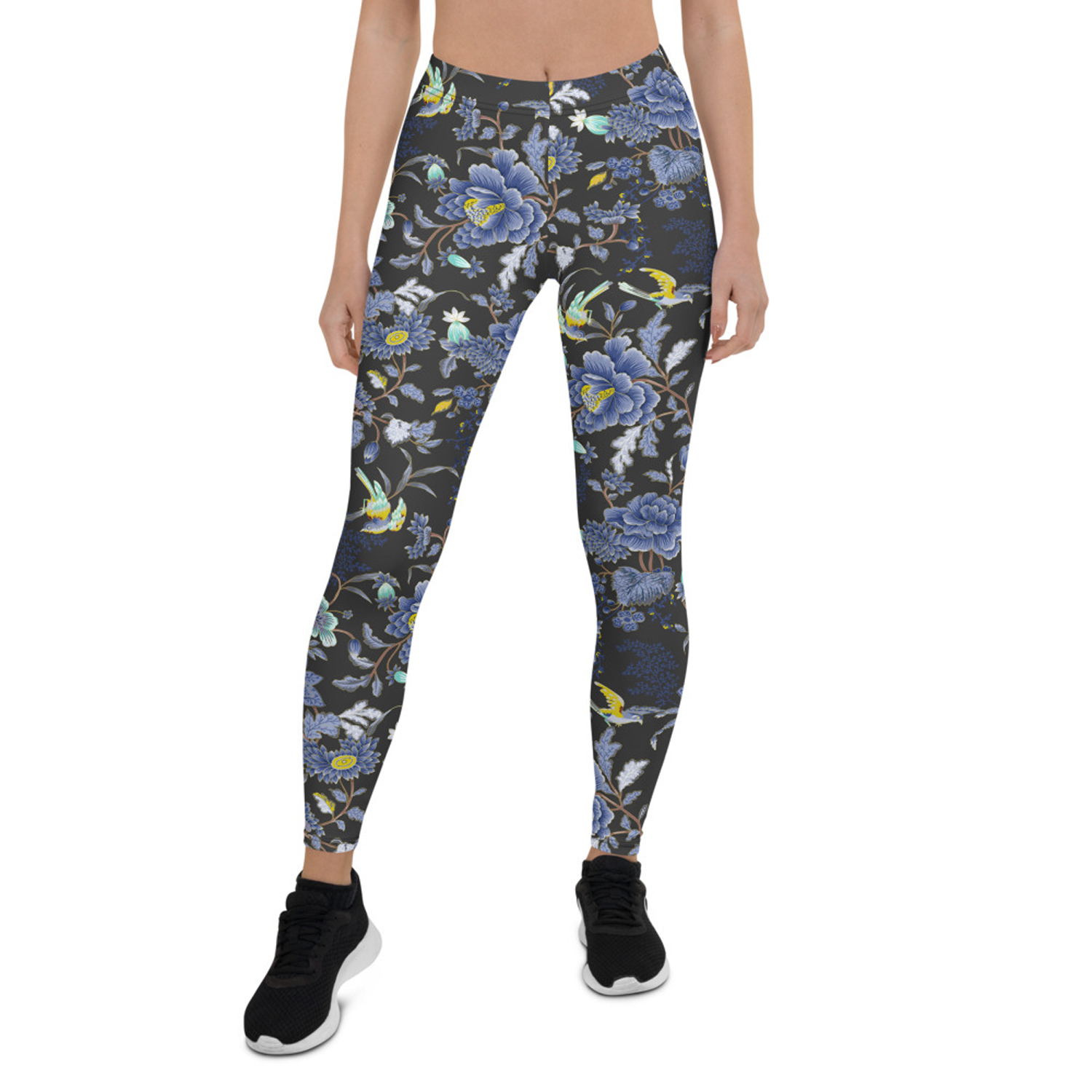 Oriental Floral Leggings featuring a vibrant floral design on a dark gray background, perfect for workouts and casual wear.