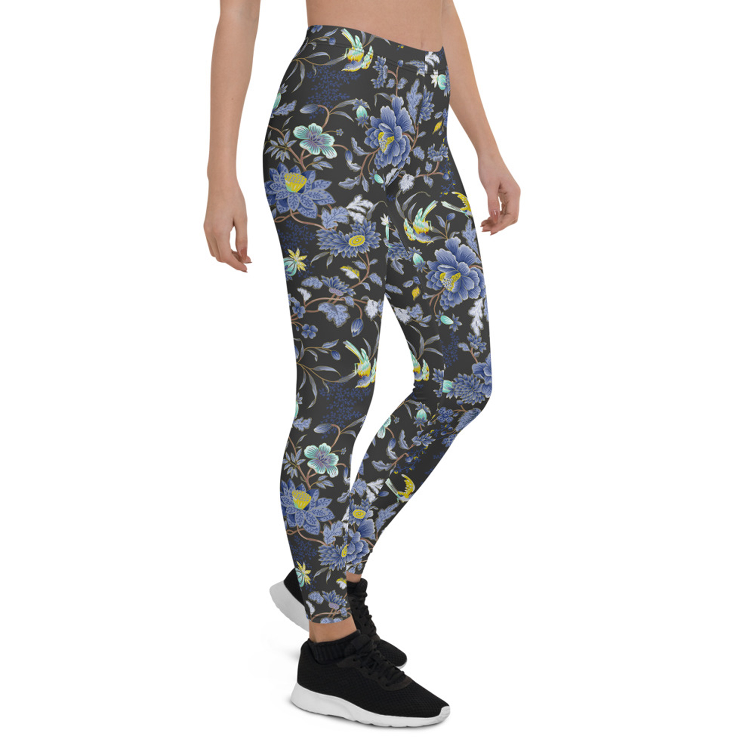 Oriental Floral Leggings featuring a vibrant floral design on a dark gray background, perfect for workouts and casual wear.