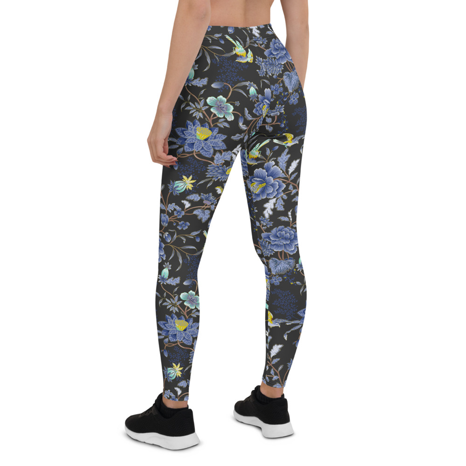 Oriental Floral Leggings featuring a vibrant floral design on a dark gray background, perfect for workouts and casual wear.