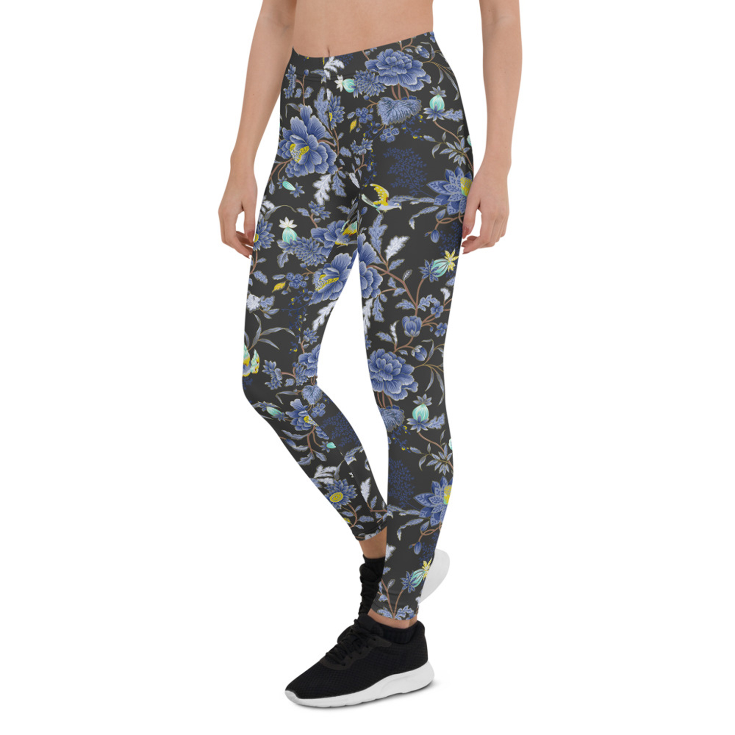 Oriental Floral Leggings featuring a vibrant floral design on a dark gray background, perfect for workouts and casual wear.