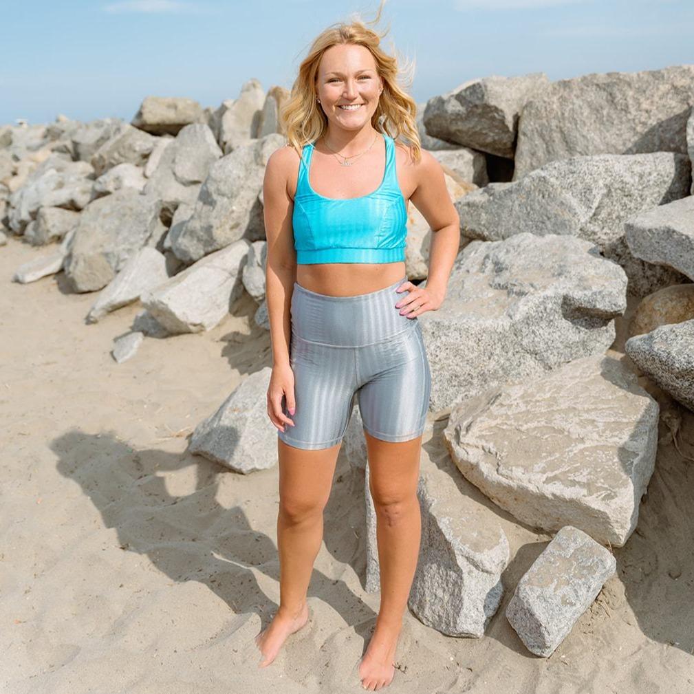 Lola Getts® Pocket Bike Shorts in Dove Grey Zap Pattern, featuring a stylish design and functional pocket for active lifestyles.