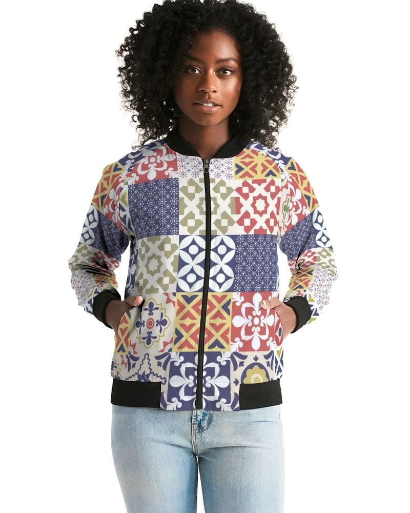 A stylish Pop Print Womens Bomber Jacket featuring a unique design, ribbed collar, and cuffs, perfect for casual and special occasions.