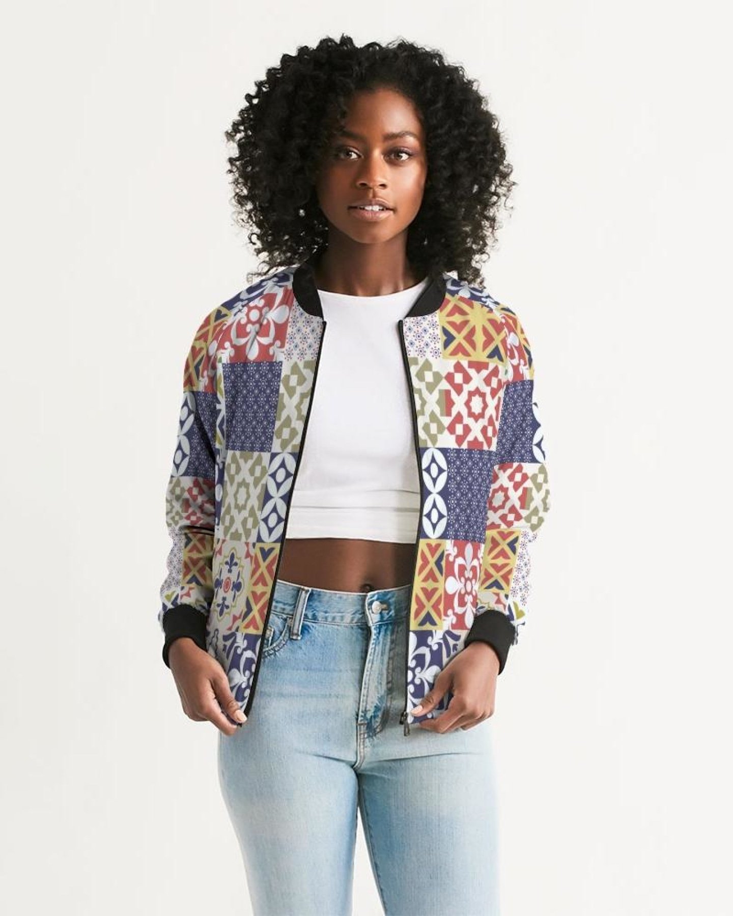 A stylish Pop Print Womens Bomber Jacket featuring a unique design, ribbed collar, and cuffs, perfect for casual and special occasions.