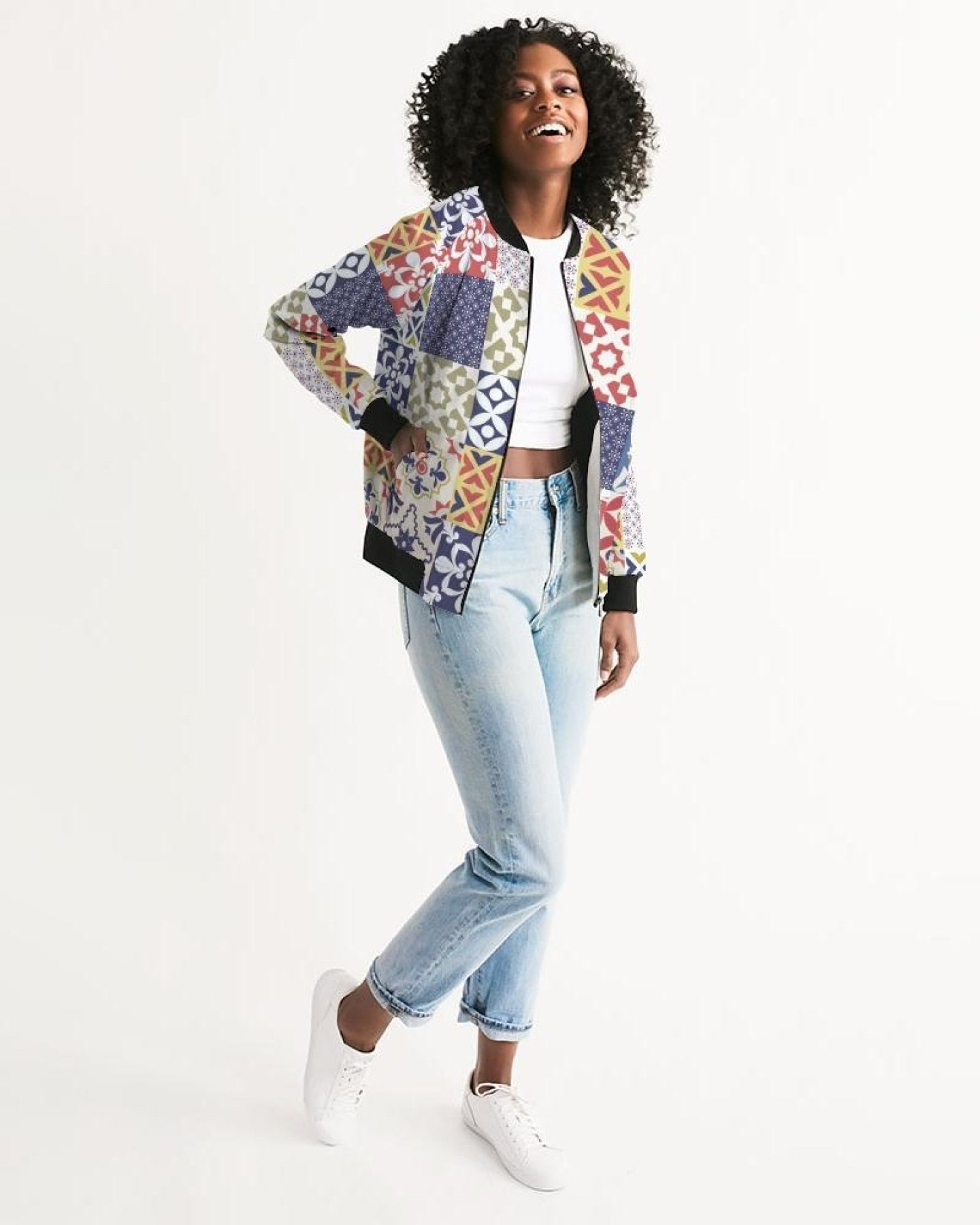 A stylish Pop Print Womens Bomber Jacket featuring a unique design, ribbed collar, and cuffs, perfect for casual and special occasions.