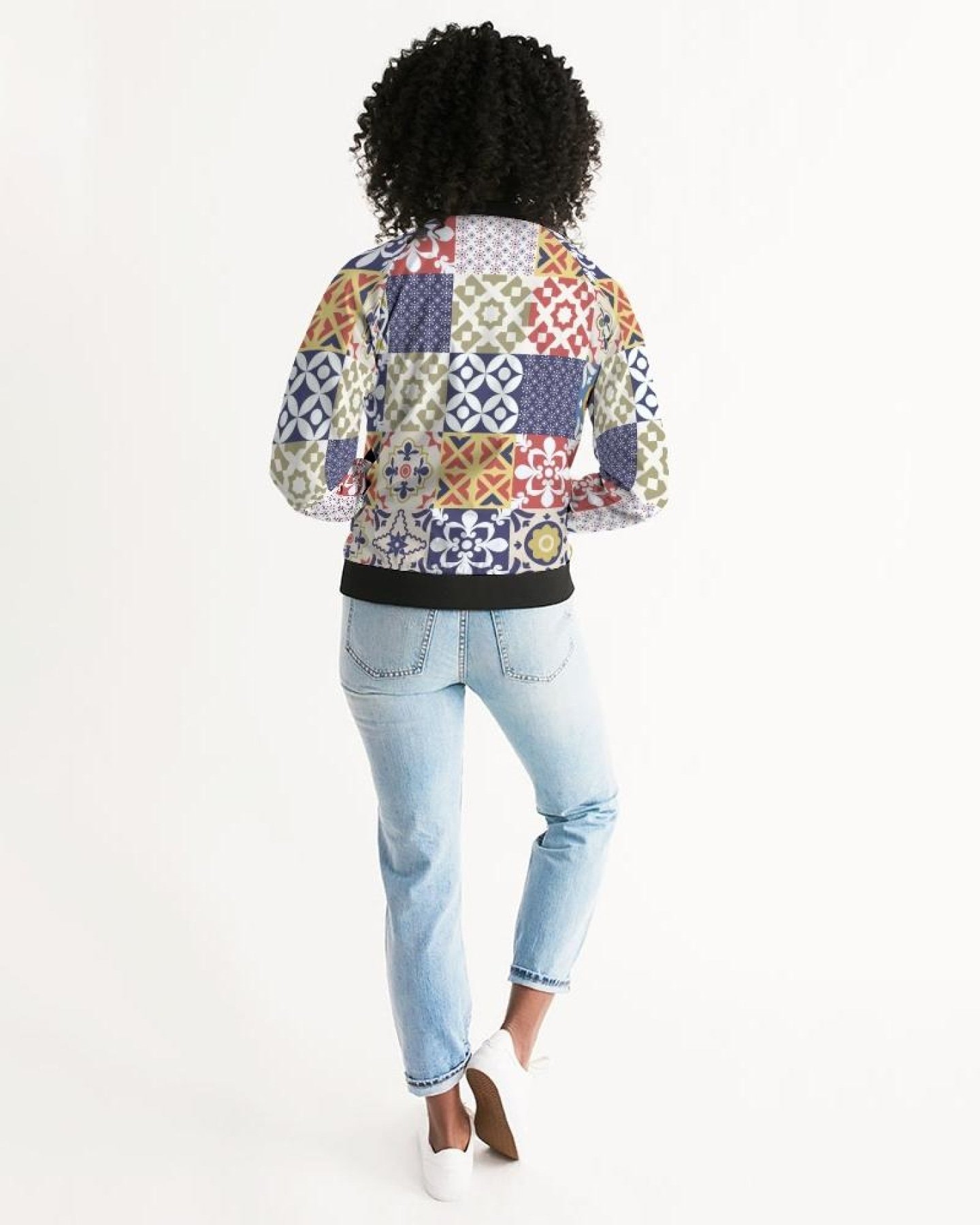 A stylish Pop Print Womens Bomber Jacket featuring a unique design, ribbed collar, and cuffs, perfect for casual and special occasions.