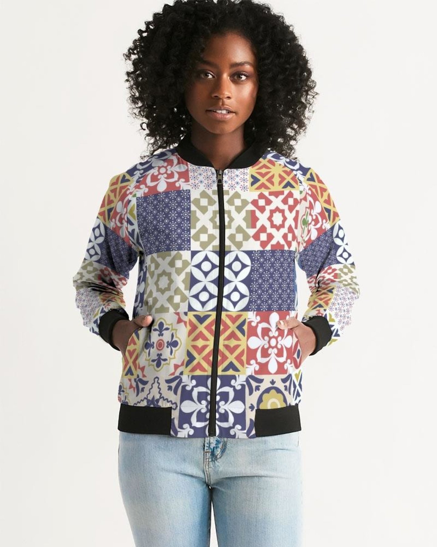 A stylish Pop Print Womens Bomber Jacket featuring a unique design, ribbed collar, and cuffs, perfect for casual and special occasions.