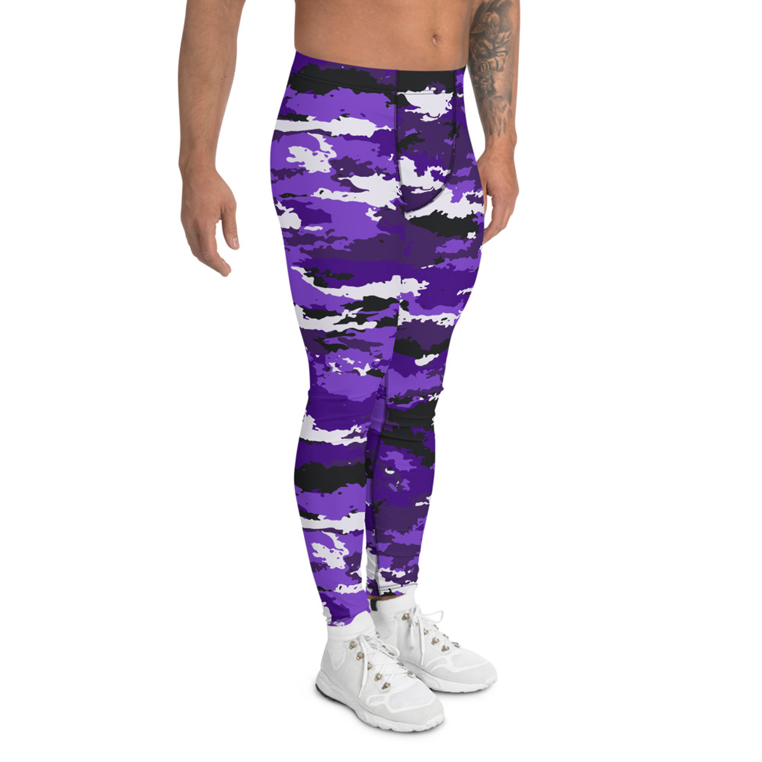 A pair of men's purple camo leggings showcasing a stylish design, made from high-performance fabric blend for comfort and flexibility during workouts.