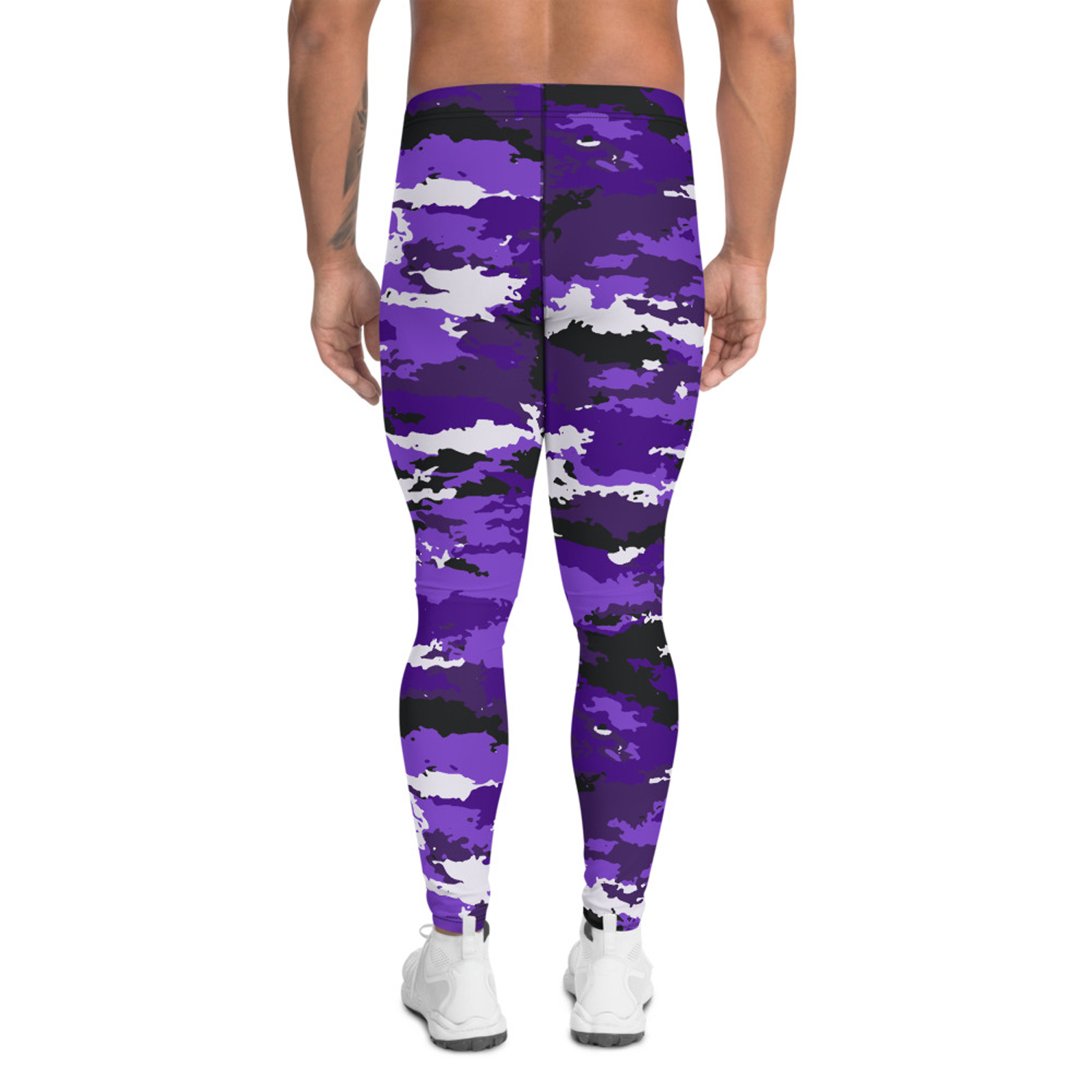 A pair of men's purple camo leggings showcasing a stylish design, made from high-performance fabric blend for comfort and flexibility during workouts.