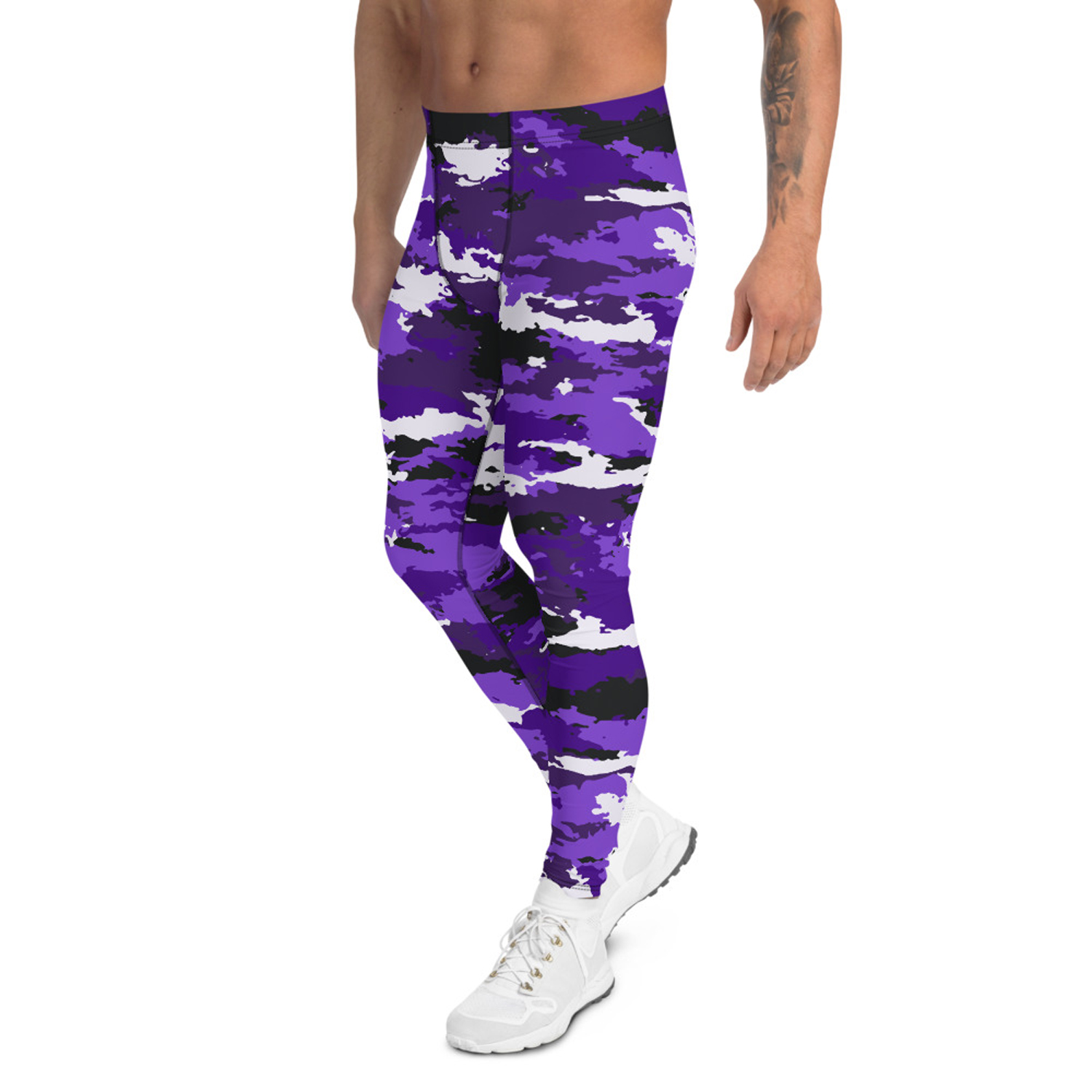 A pair of men's purple camo leggings showcasing a stylish design, made from high-performance fabric blend for comfort and flexibility during workouts.