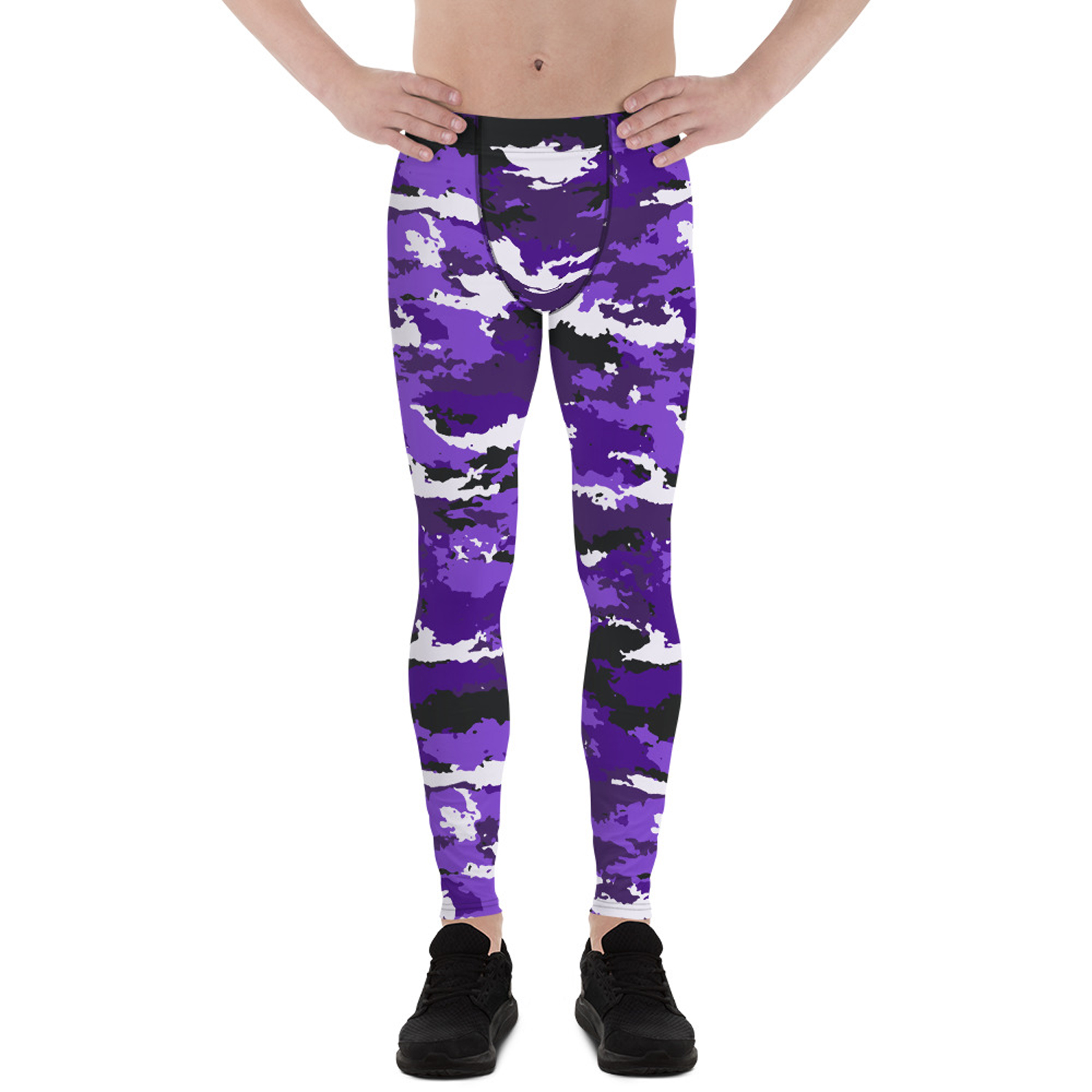 A pair of men's purple camo leggings showcasing a stylish design, made from high-performance fabric blend for comfort and flexibility during workouts.