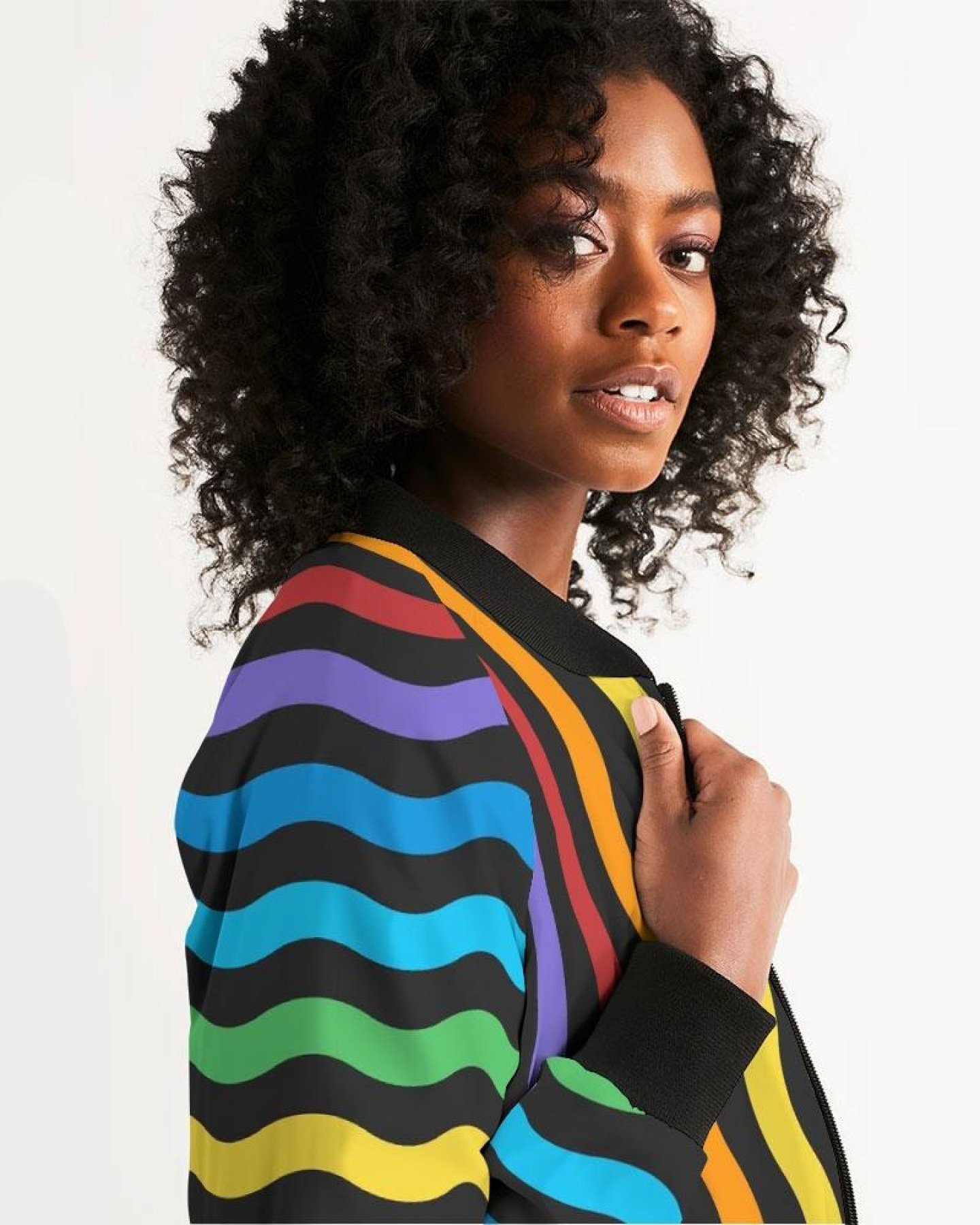 A stylish Rainbow Stripe Classic Women's Bomber Jacket featuring a vibrant design, ribbed collar, and metal zip closure, perfect for any occasion.