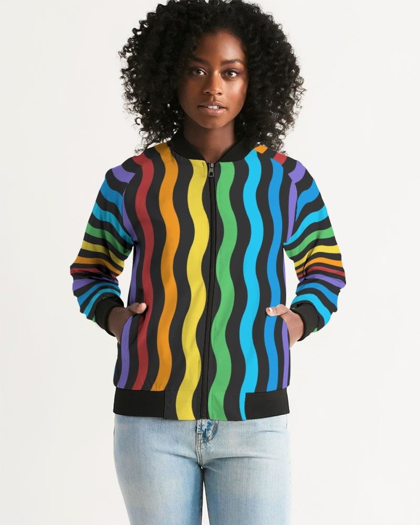 A stylish Rainbow Stripe Classic Women's Bomber Jacket featuring a vibrant design, ribbed collar, and metal zip closure, perfect for any occasion.