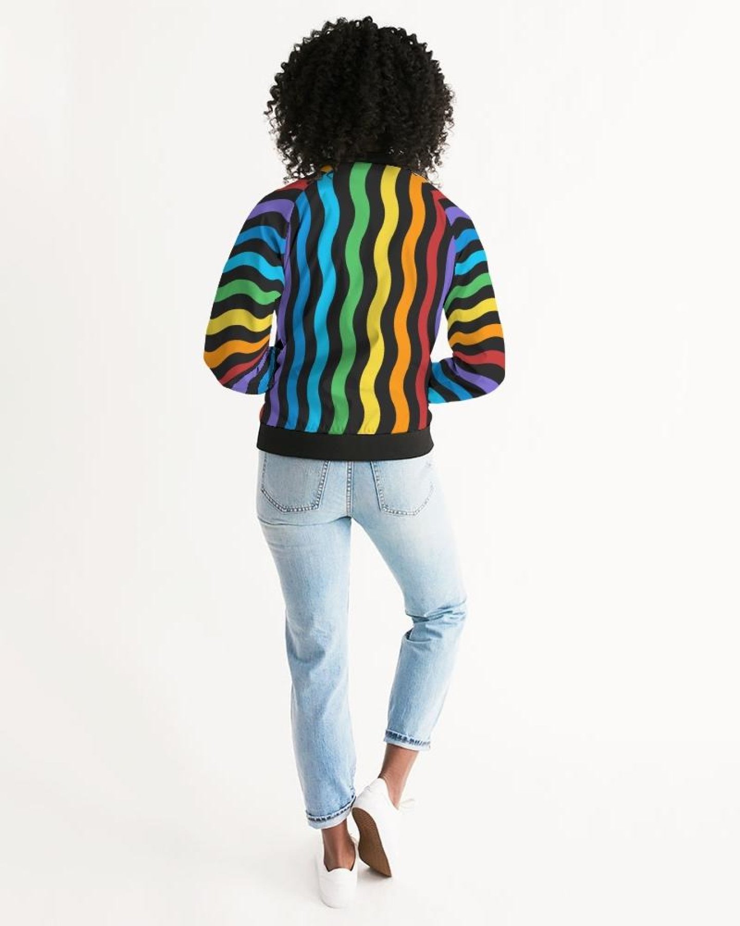 A stylish Rainbow Stripe Classic Women's Bomber Jacket featuring a vibrant design, ribbed collar, and metal zip closure, perfect for any occasion.