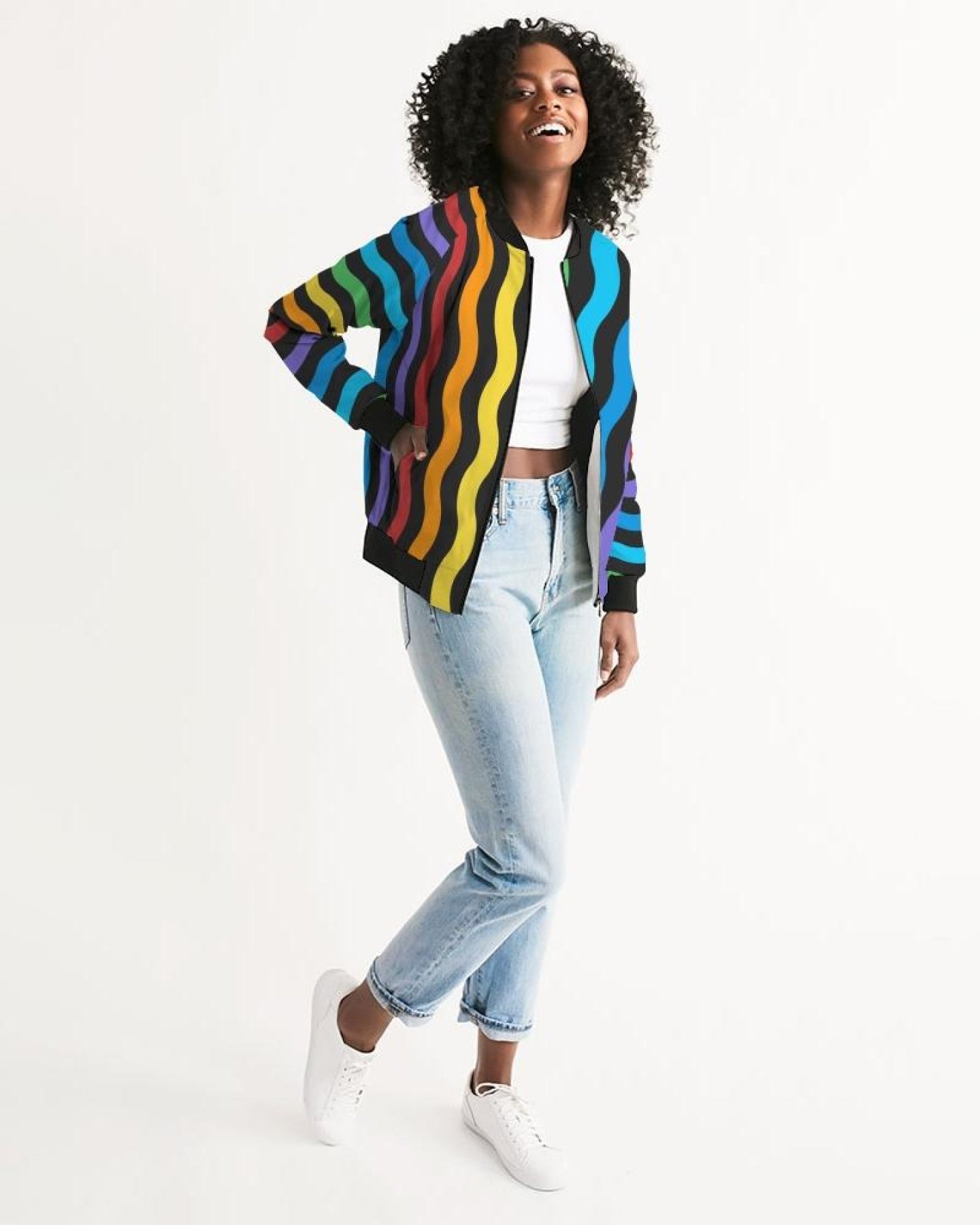 A stylish Rainbow Stripe Classic Women's Bomber Jacket featuring a vibrant design, ribbed collar, and metal zip closure, perfect for any occasion.