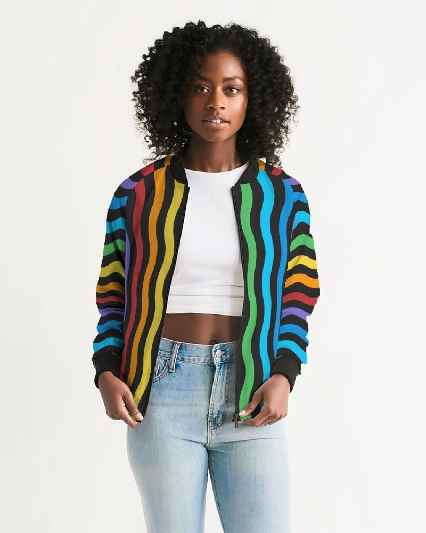 A stylish Rainbow Stripe Classic Women's Bomber Jacket featuring a vibrant design, ribbed collar, and metal zip closure, perfect for any occasion.