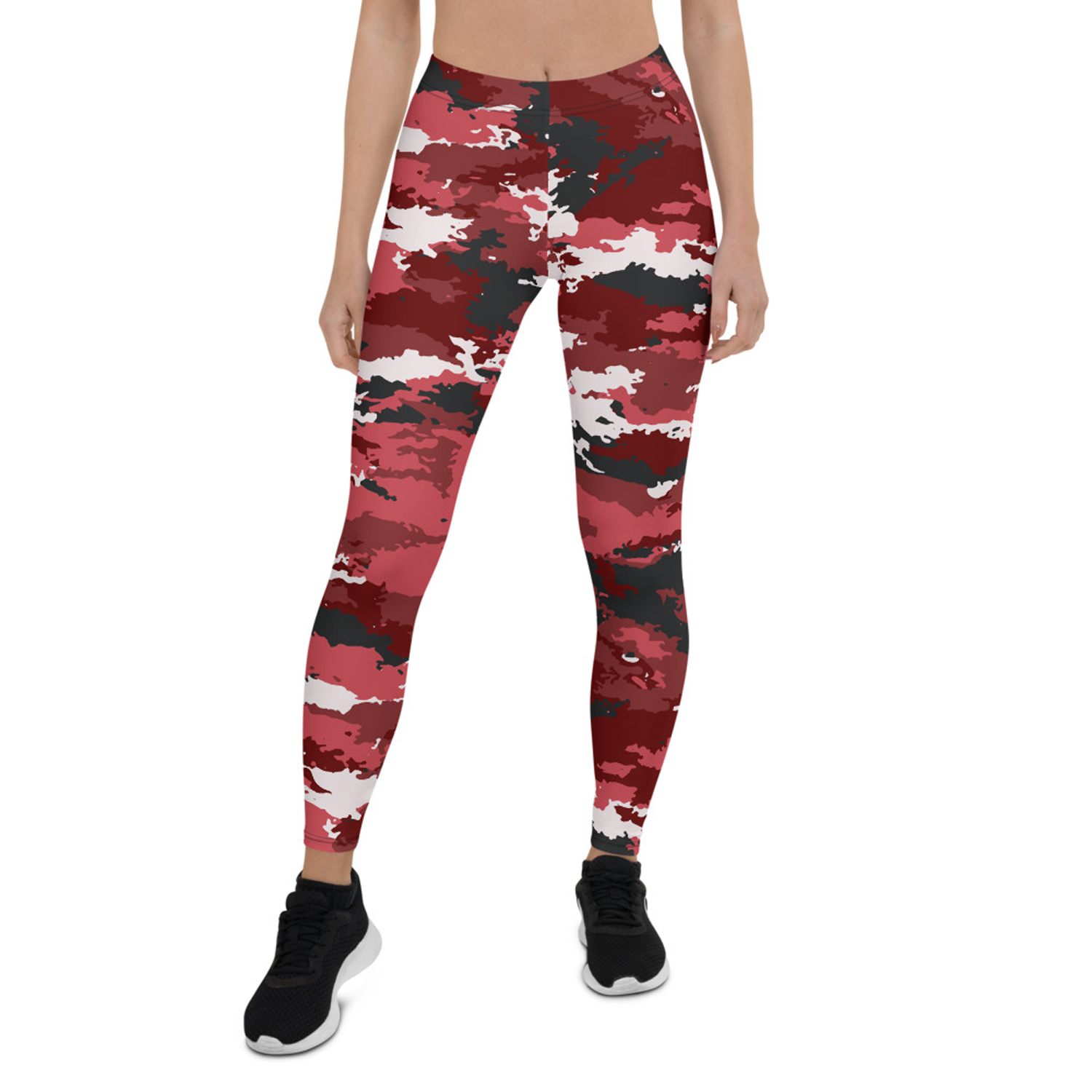 A pair of stylish red camo leggings for women, showcasing a unique graphic design, perfect for workouts and casual wear.