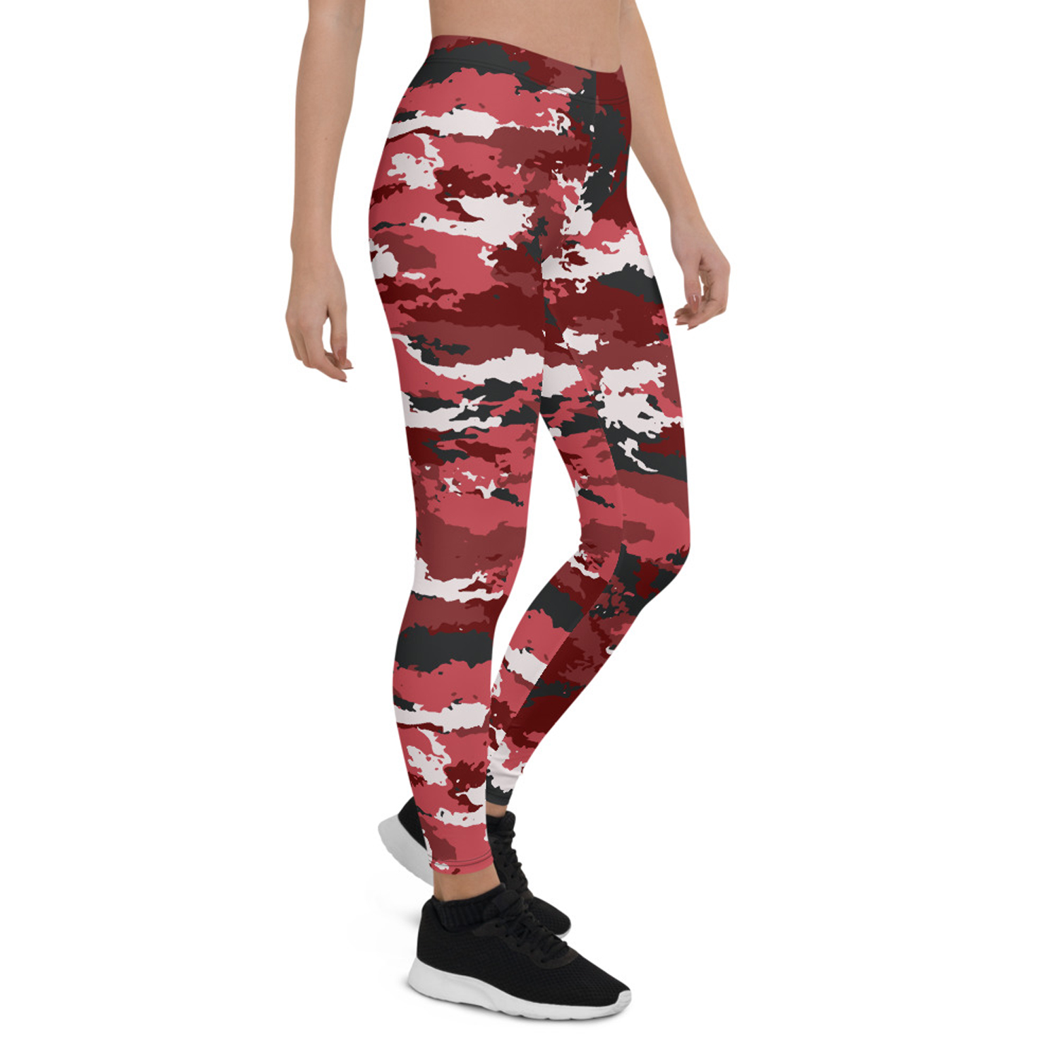 A pair of stylish red camo leggings for women, showcasing a unique graphic design, perfect for workouts and casual wear.