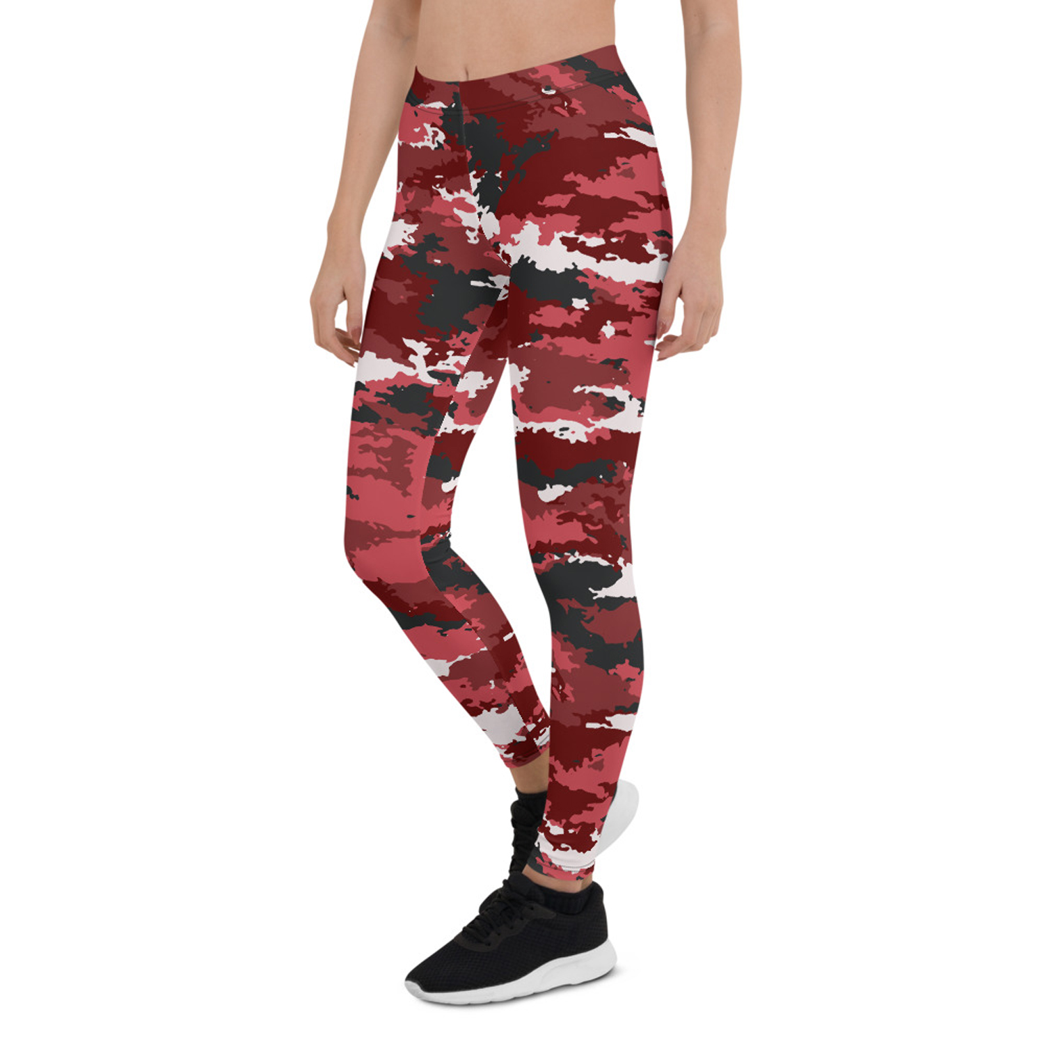 A pair of stylish red camo leggings for women, showcasing a unique graphic design, perfect for workouts and casual wear.