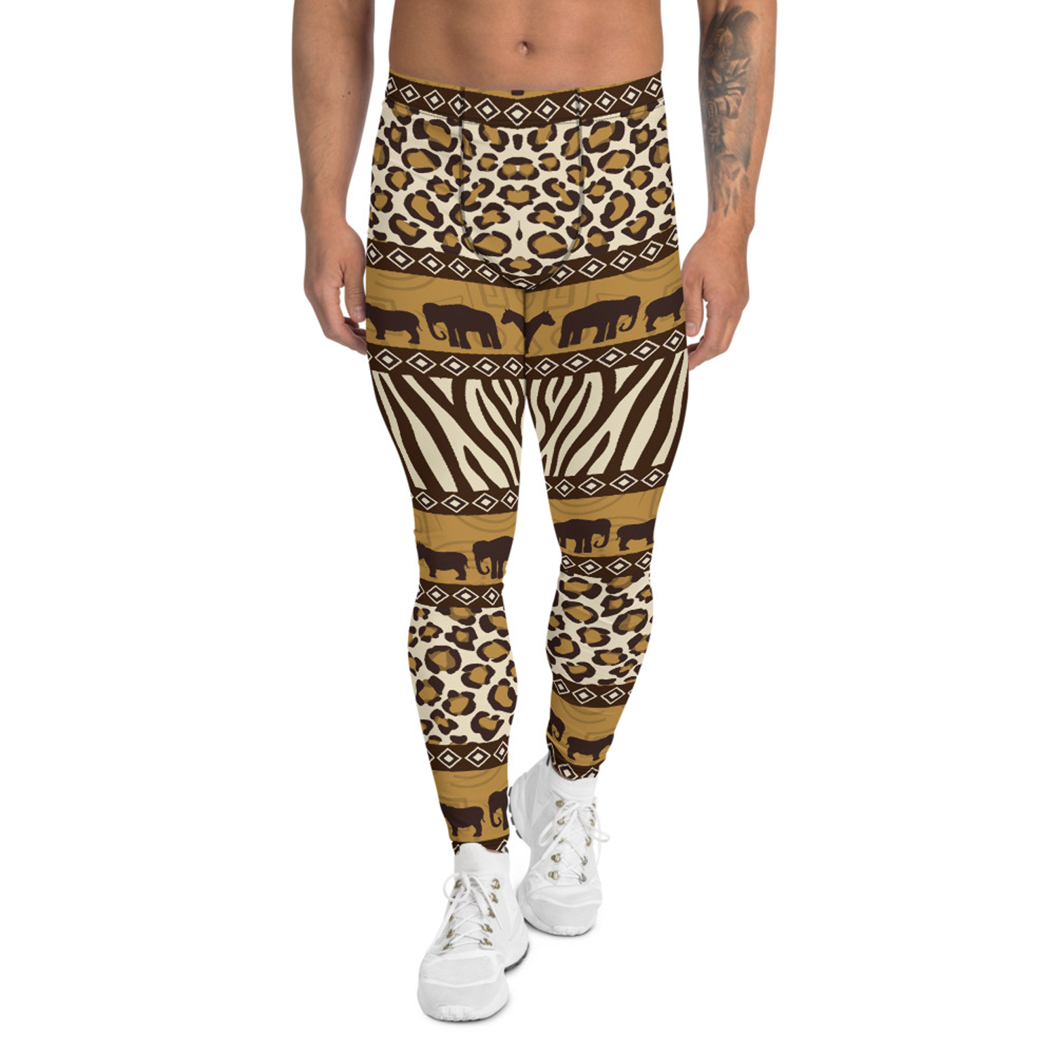 Men's leggings featuring vibrant safari animal prints, made from a high-performance fabric blend for comfort and flexibility during activities.