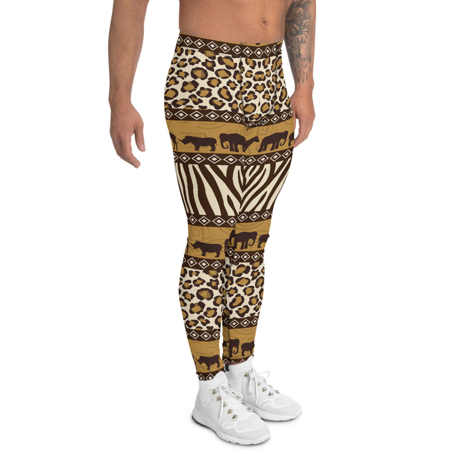 Men's leggings featuring vibrant safari animal prints, made from a high-performance fabric blend for comfort and flexibility during activities.