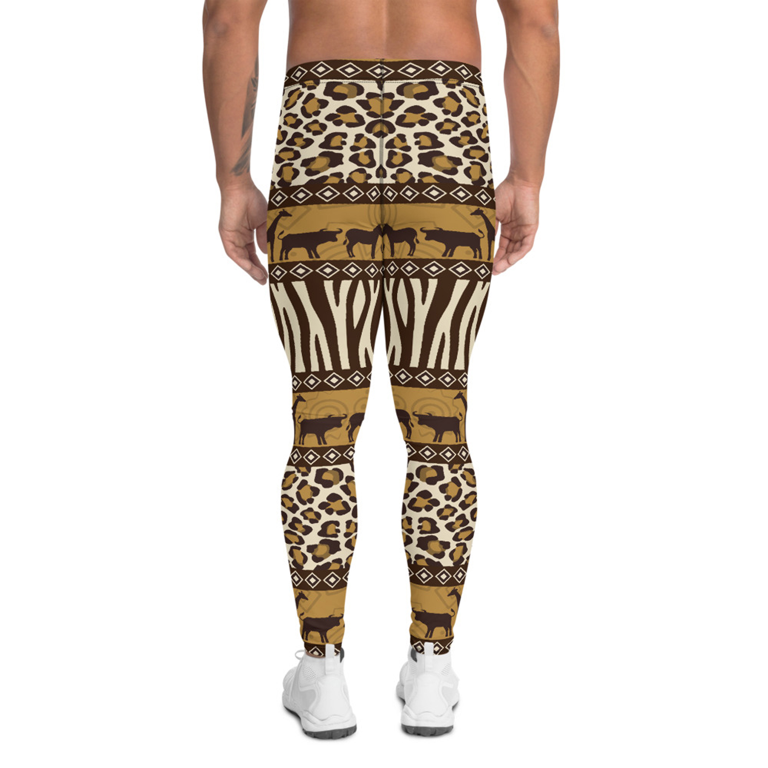 Men's leggings featuring vibrant safari animal prints, made from a high-performance fabric blend for comfort and flexibility during activities.