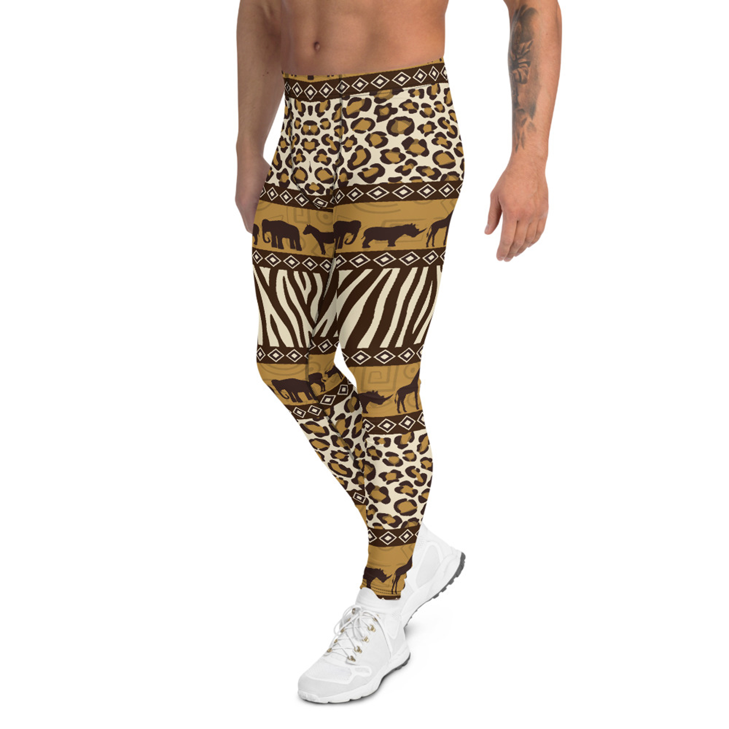 Men's leggings featuring vibrant safari animal prints, made from a high-performance fabric blend for comfort and flexibility during activities.