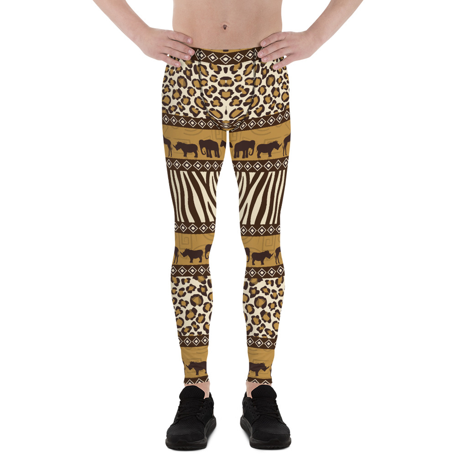 Men's leggings featuring vibrant safari animal prints, made from a high-performance fabric blend for comfort and flexibility during activities.