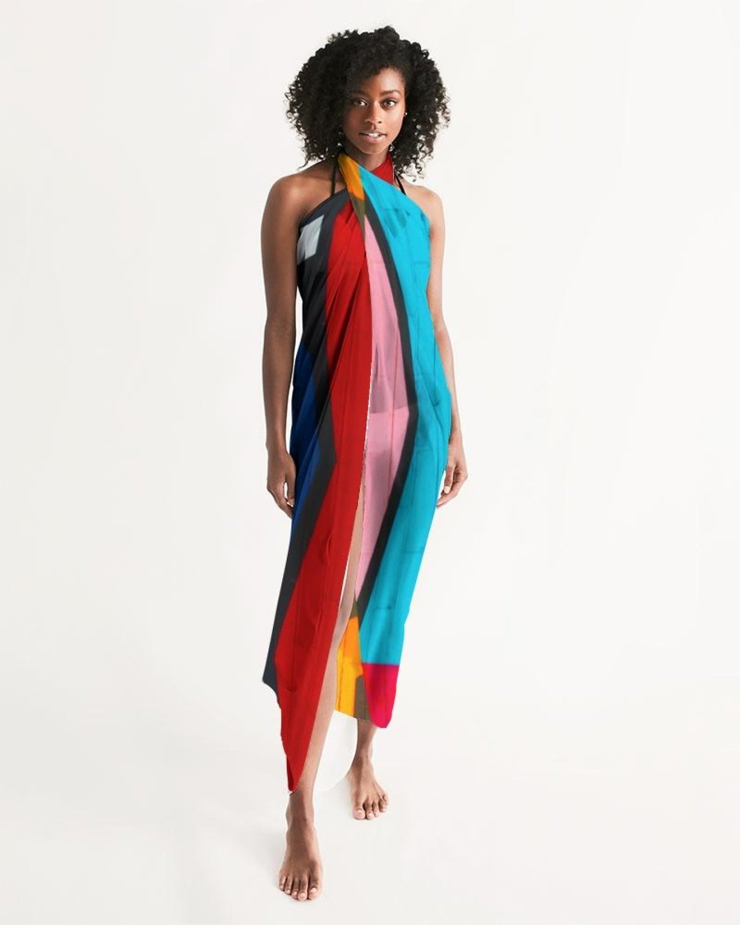 A vibrant sheer colorblock multicolor swimsuit cover up, featuring lightweight fabric and a self-tie closure, perfect for beach outings.