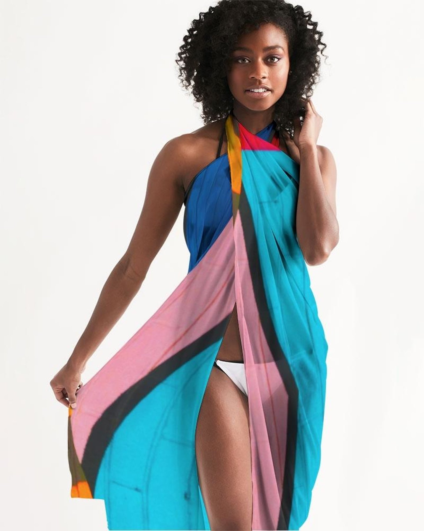 A vibrant sheer colorblock multicolor swimsuit cover up, featuring lightweight fabric and a self-tie closure, perfect for beach outings.