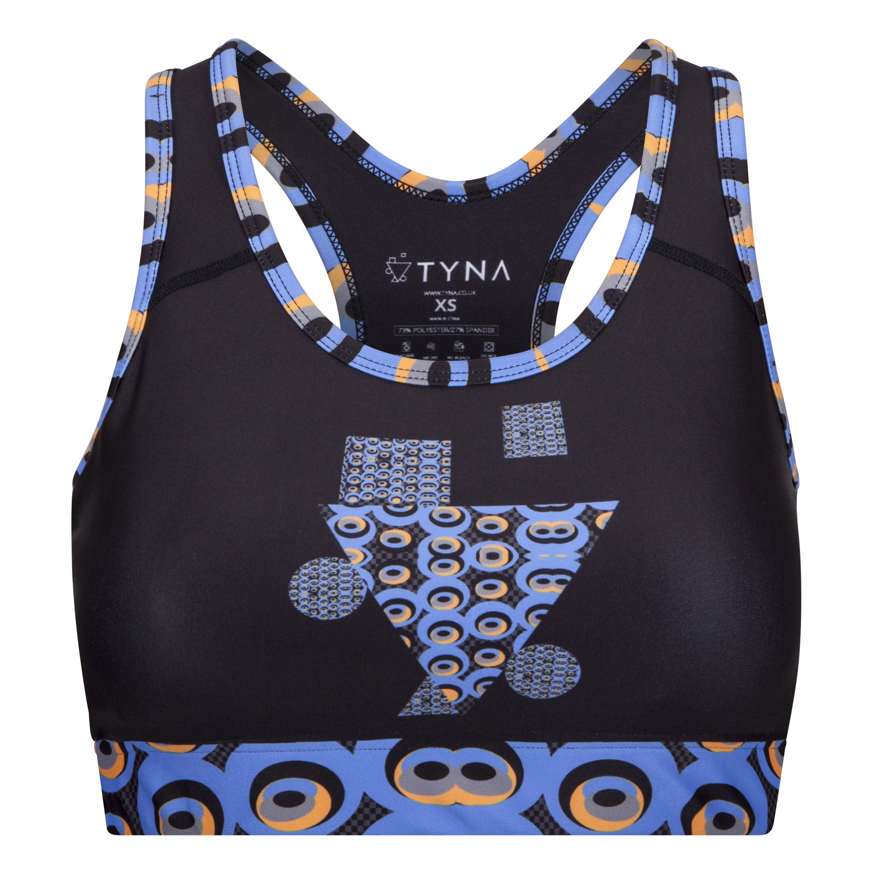 Siefay Vibrant Sports Bra featuring Ankara print in blue, black, and gold colors, designed for stylish workouts.