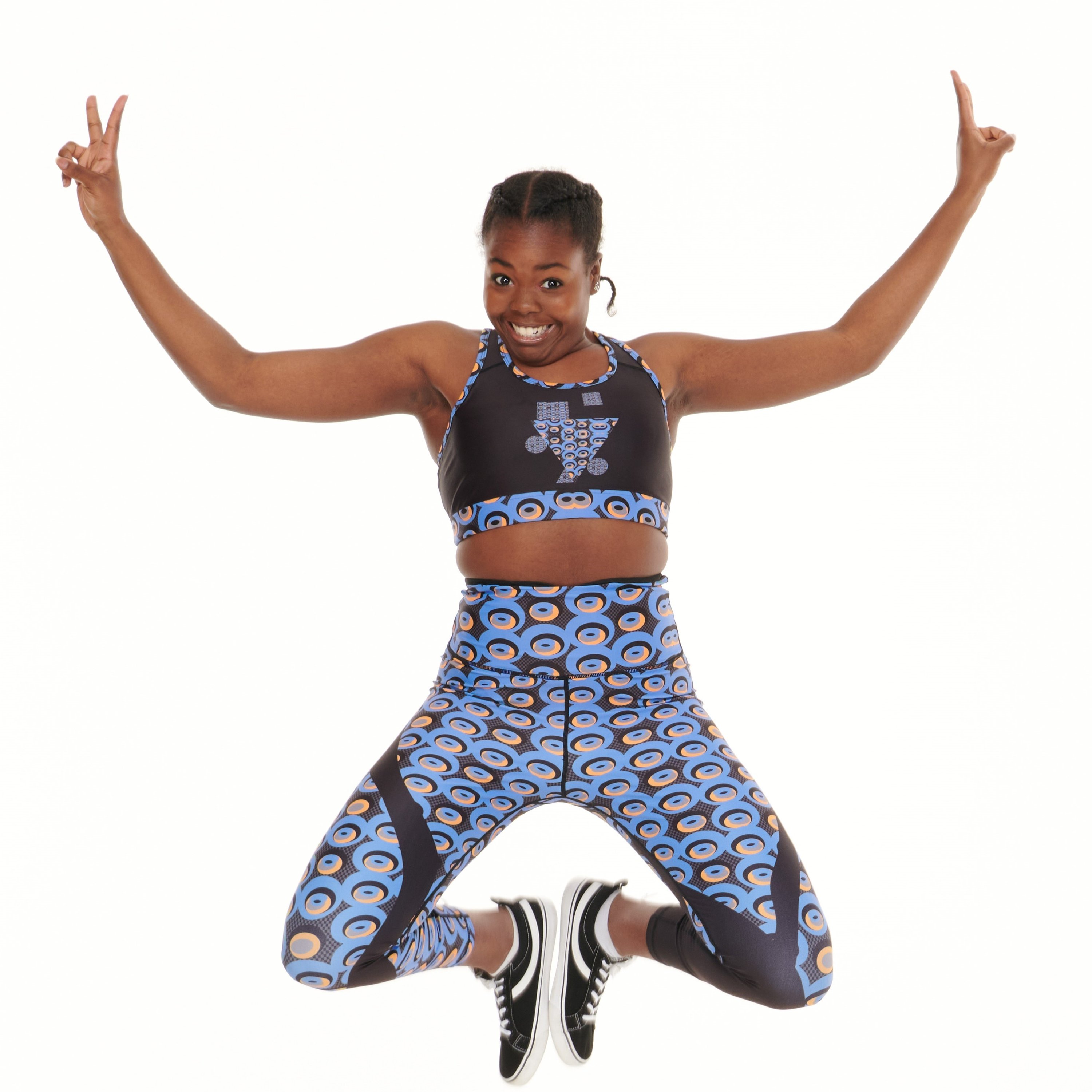 Siefay On Blue Vibrant Leggings featuring Ankara-inspired patterns and vibrant colors, perfect for activewear.