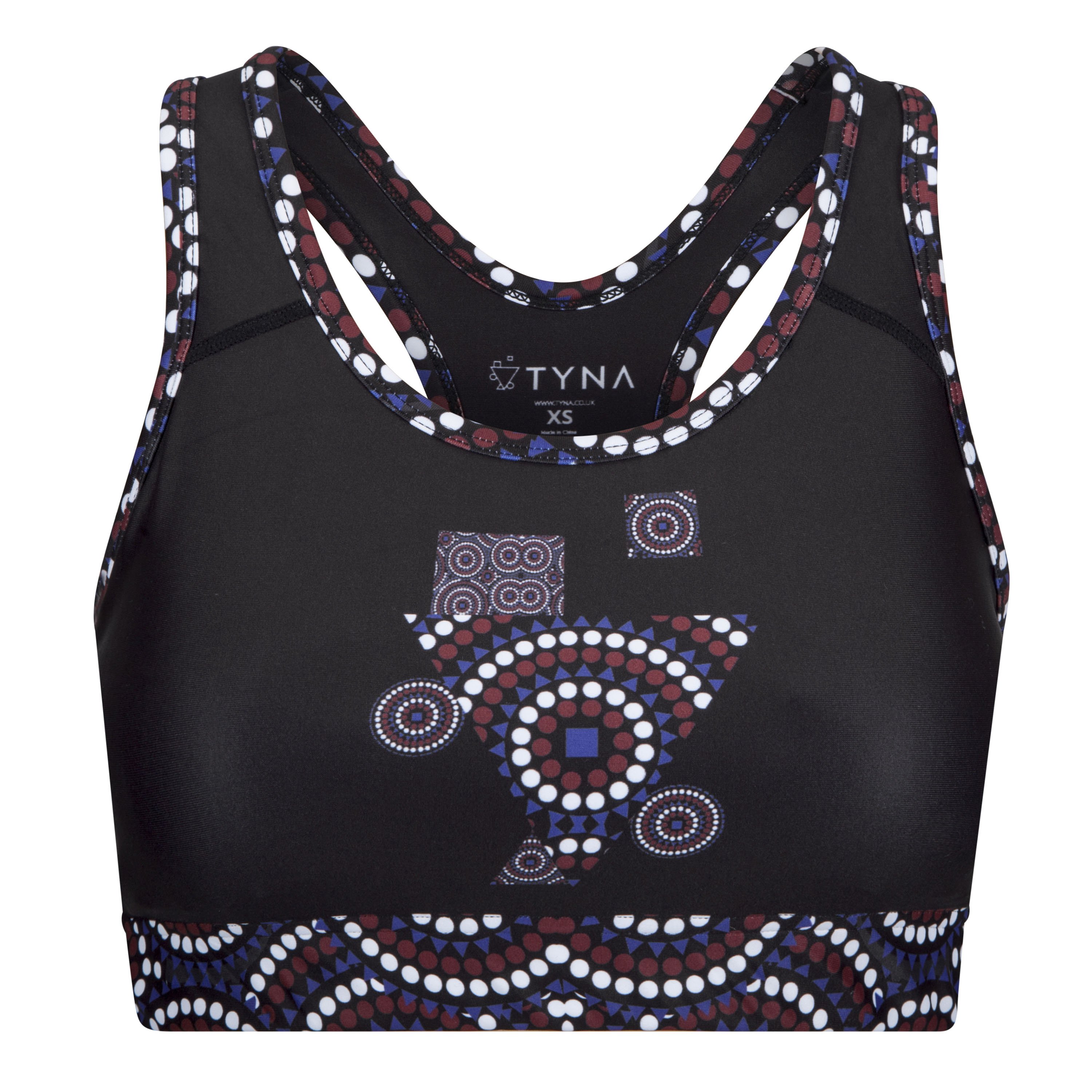 A stylish black sports bra featuring the TYNA Signature Print with vibrant colors including blue, burgundy, and white, designed for active women.