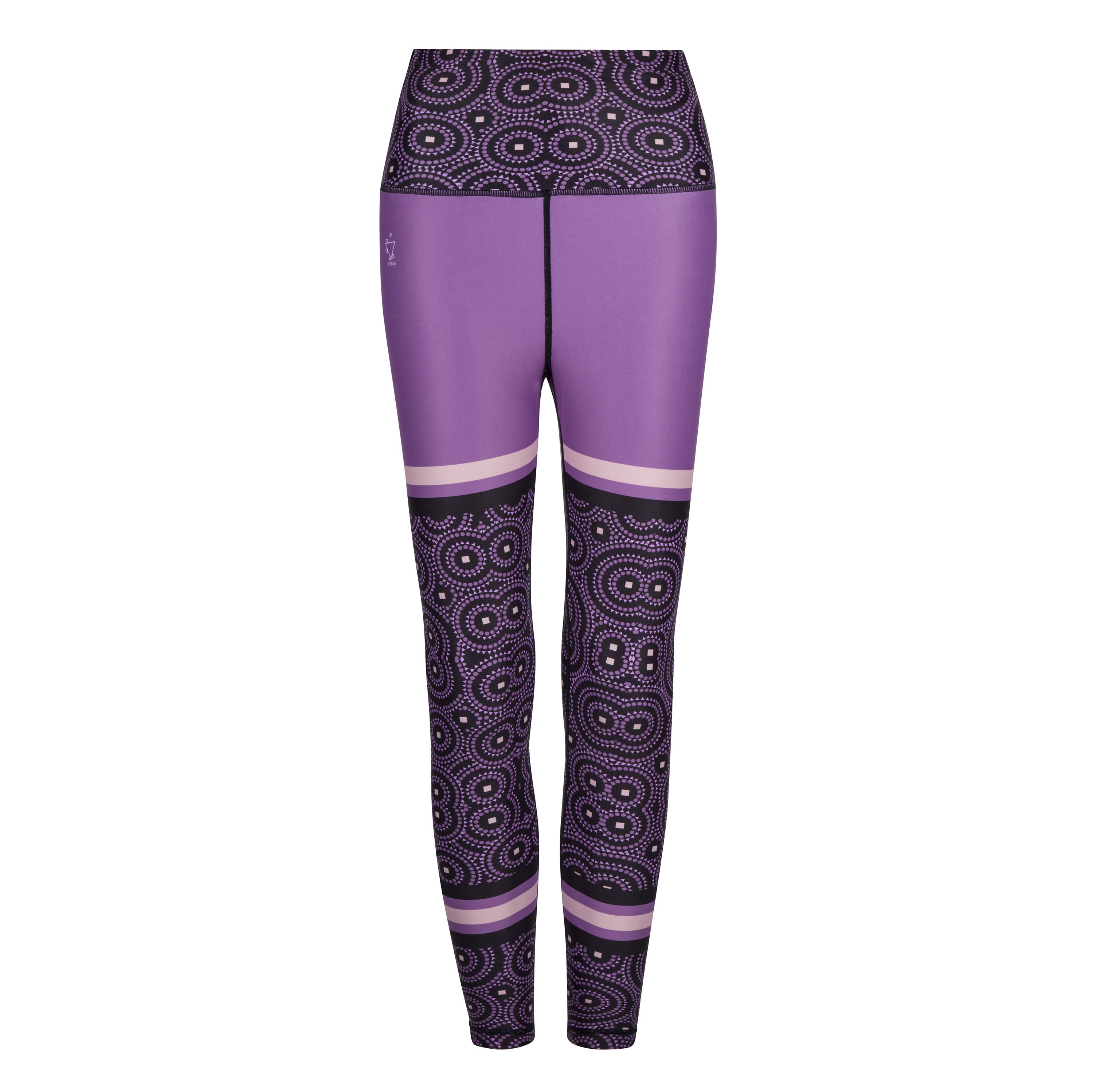 A pair of vibrant purple leggings featuring unique TYNA Signature Print with triangle, square, and circle shapes.