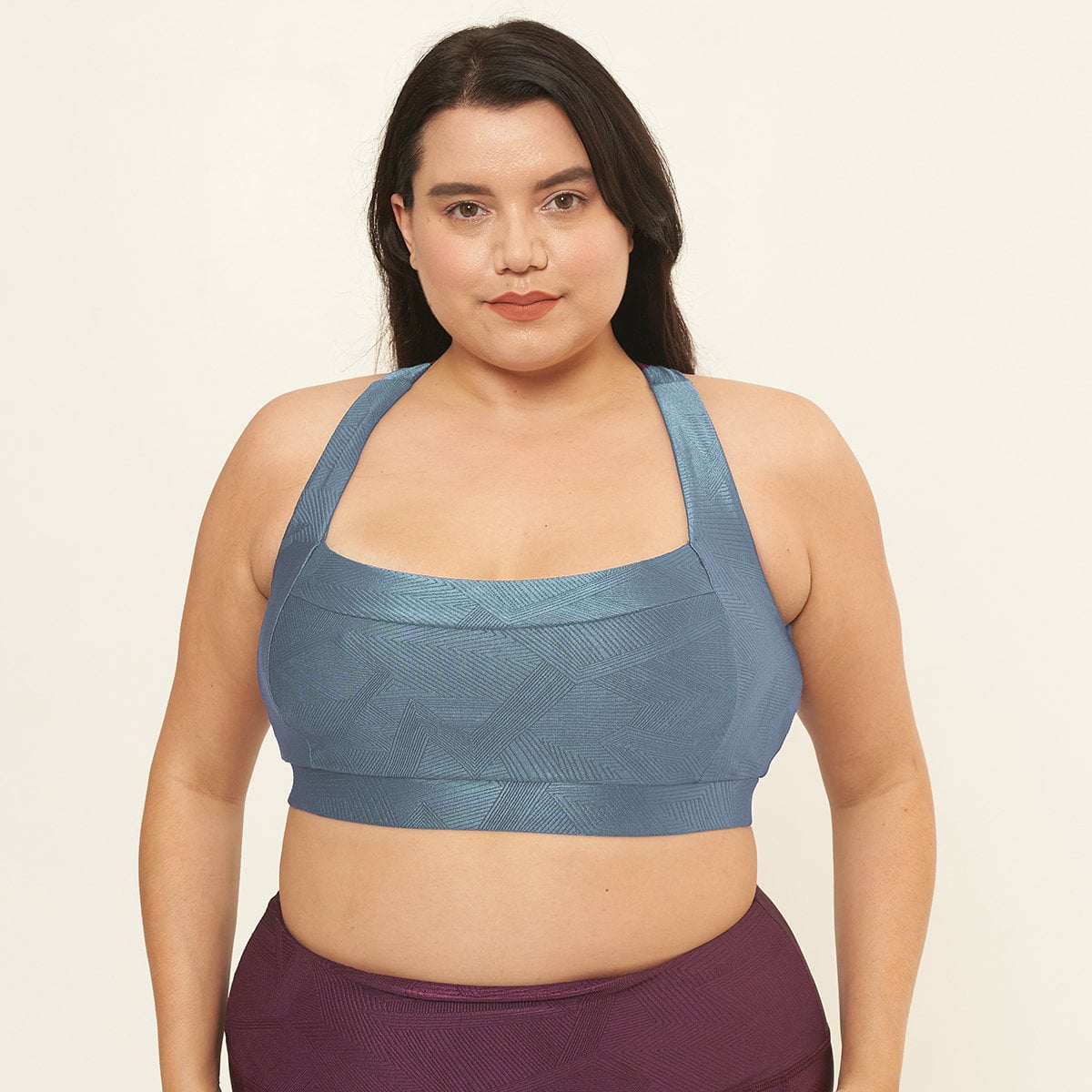 Lola Getts® Square Neck Performance Bra in Slate Blue Geo Pattern, featuring a stylish design and supportive fit for workouts.