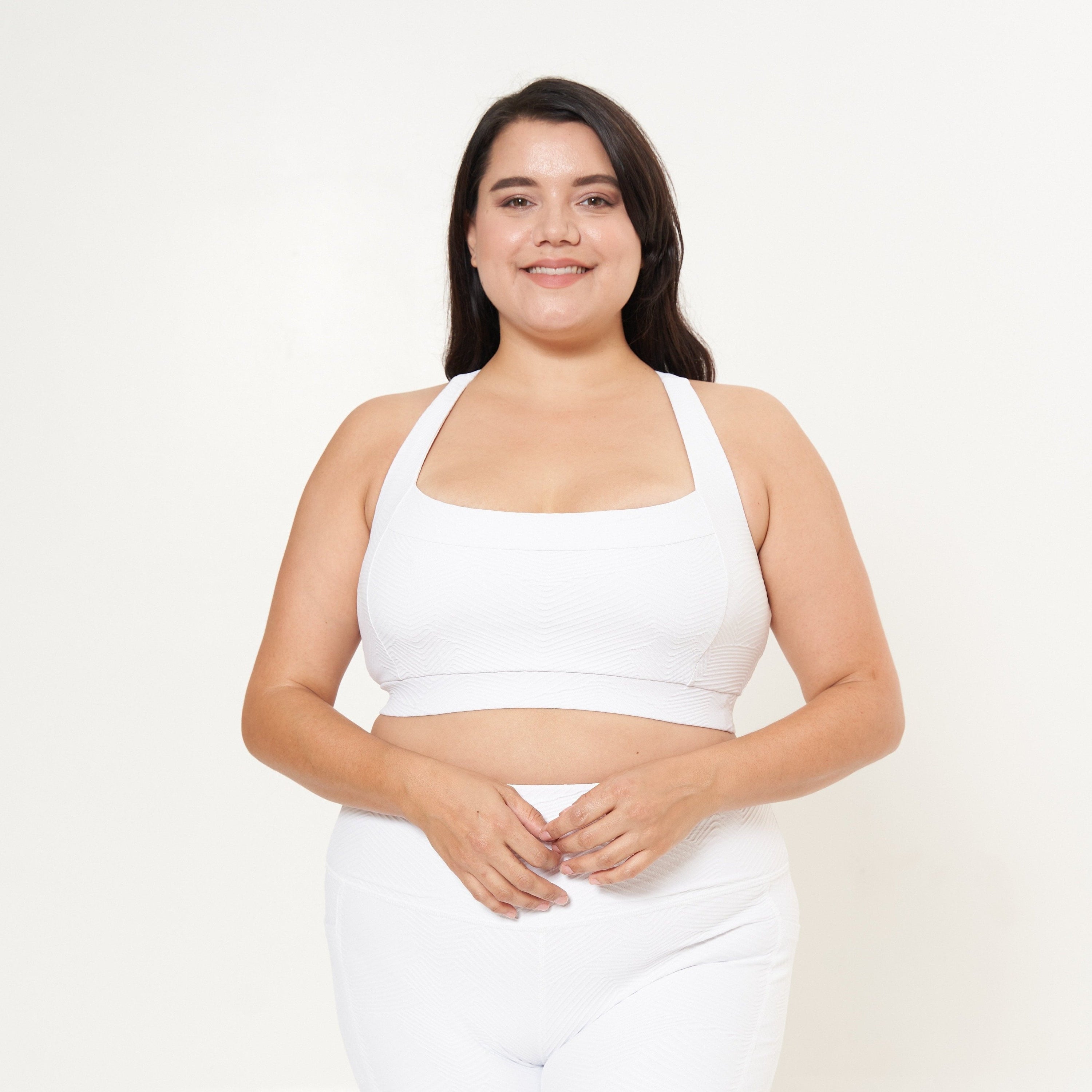 Lola Getts Square Neck Performance Bralette in white ridges pattern, designed for medium-impact workouts with a stylish and supportive fit.