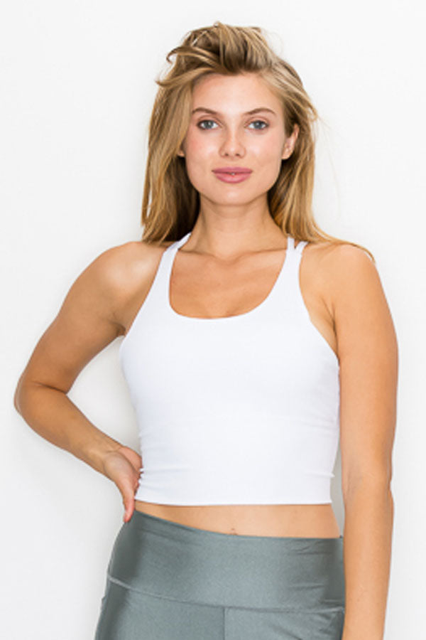 A stylish Strappy Back Crop Top featuring a trendy strappy back and corset tie at the waist, perfect for active wear.