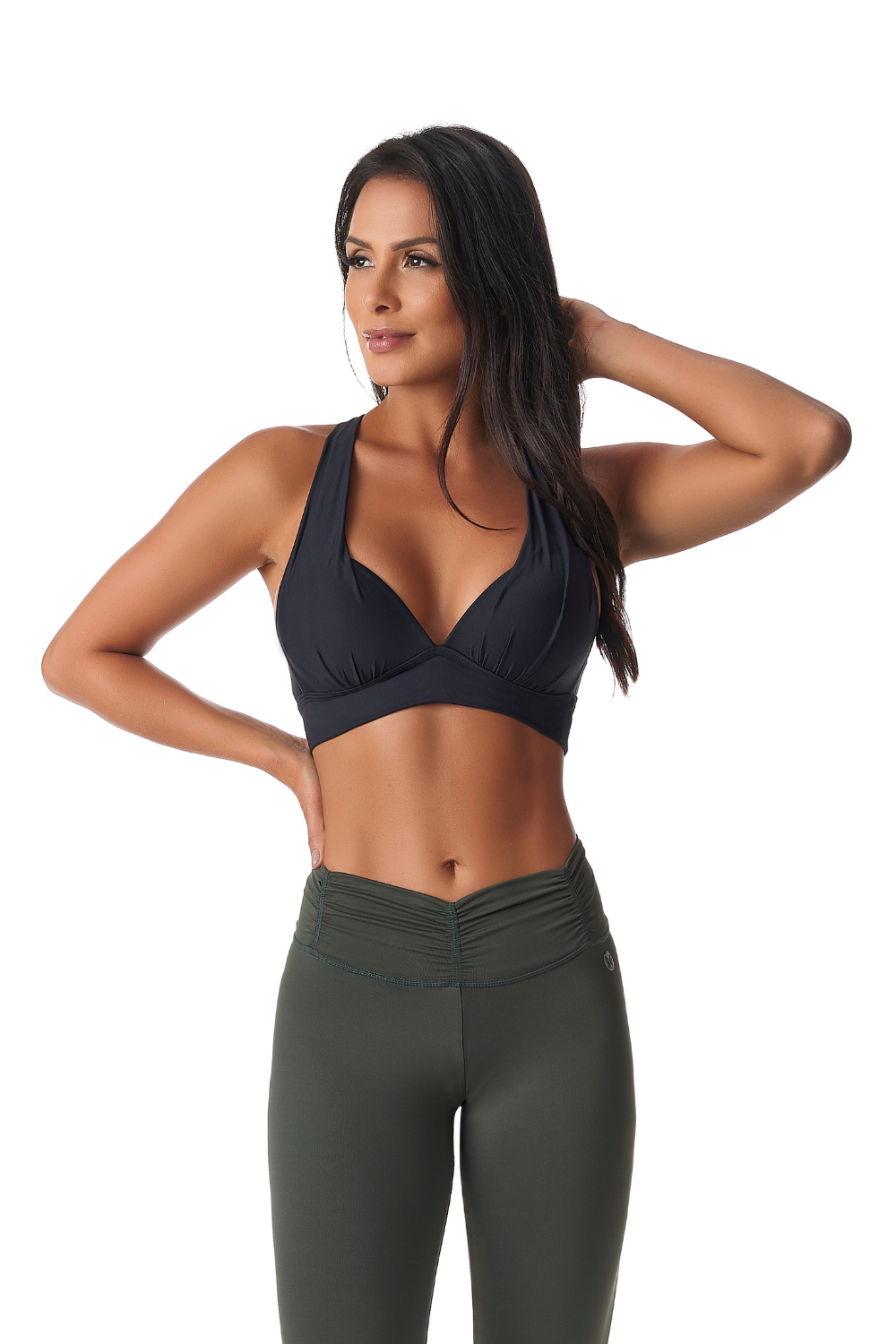 Tame Cupped Sports Bra featuring wide straps and criss-cross back design, made from cotton and spandex, available in black and navy.