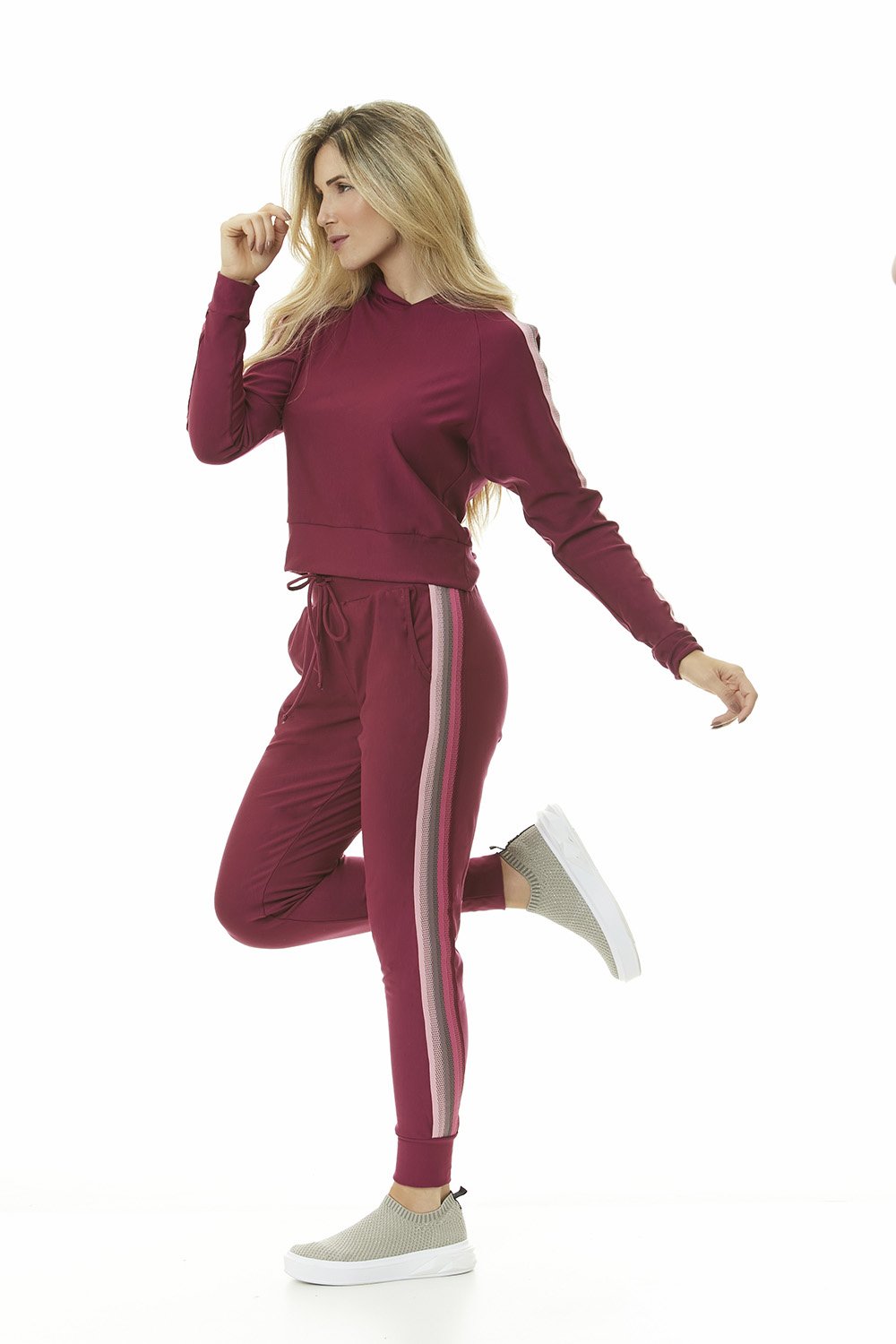 Tamisa Cropped Hoodie in rich burgundy with tricolor vertical stripes on sleeves, showcasing a stylish and cozy design.