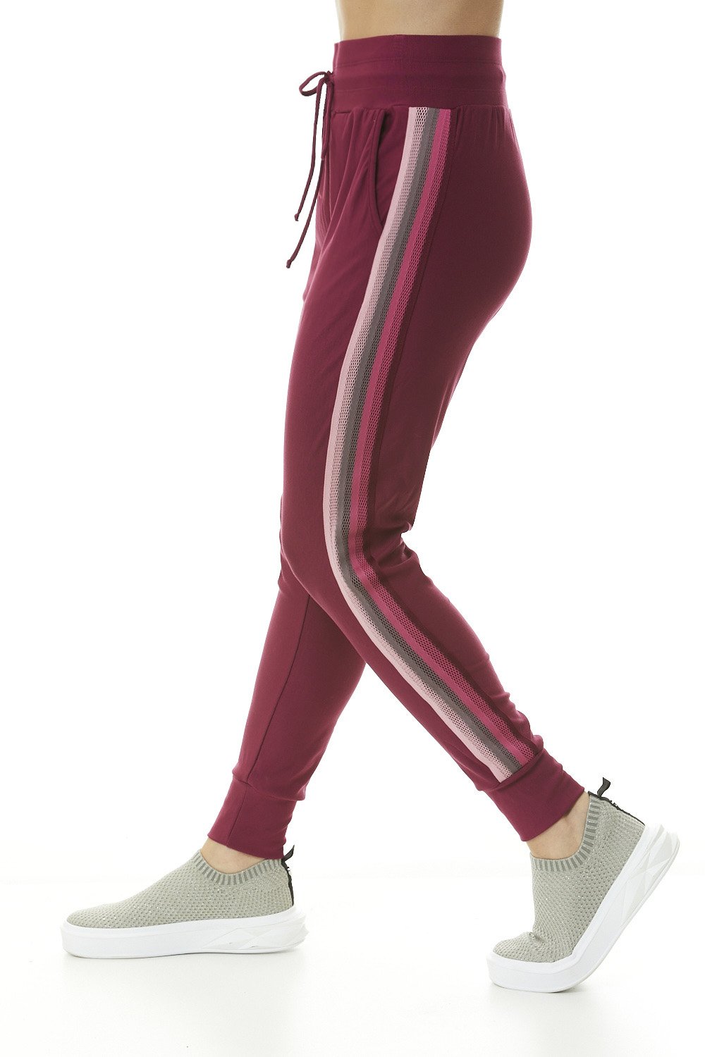 Tamisa Cropped Hoodie in rich burgundy with tricolor vertical stripes on sleeves, showcasing a stylish and cozy design.