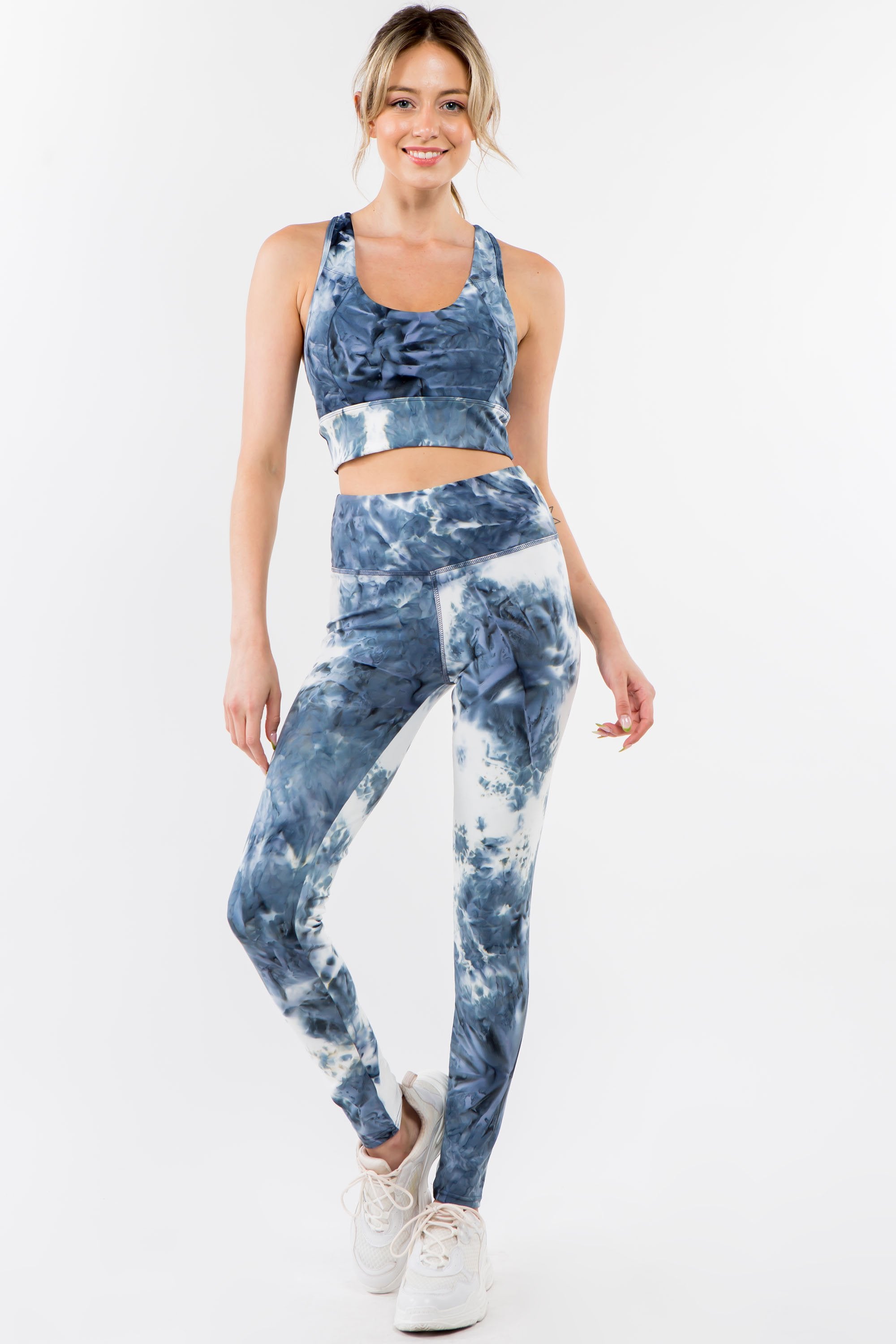 Royal Blue Tie-Dye Activewear Set featuring a racerback bra and high-waisted leggings, perfect for yoga and gym workouts.