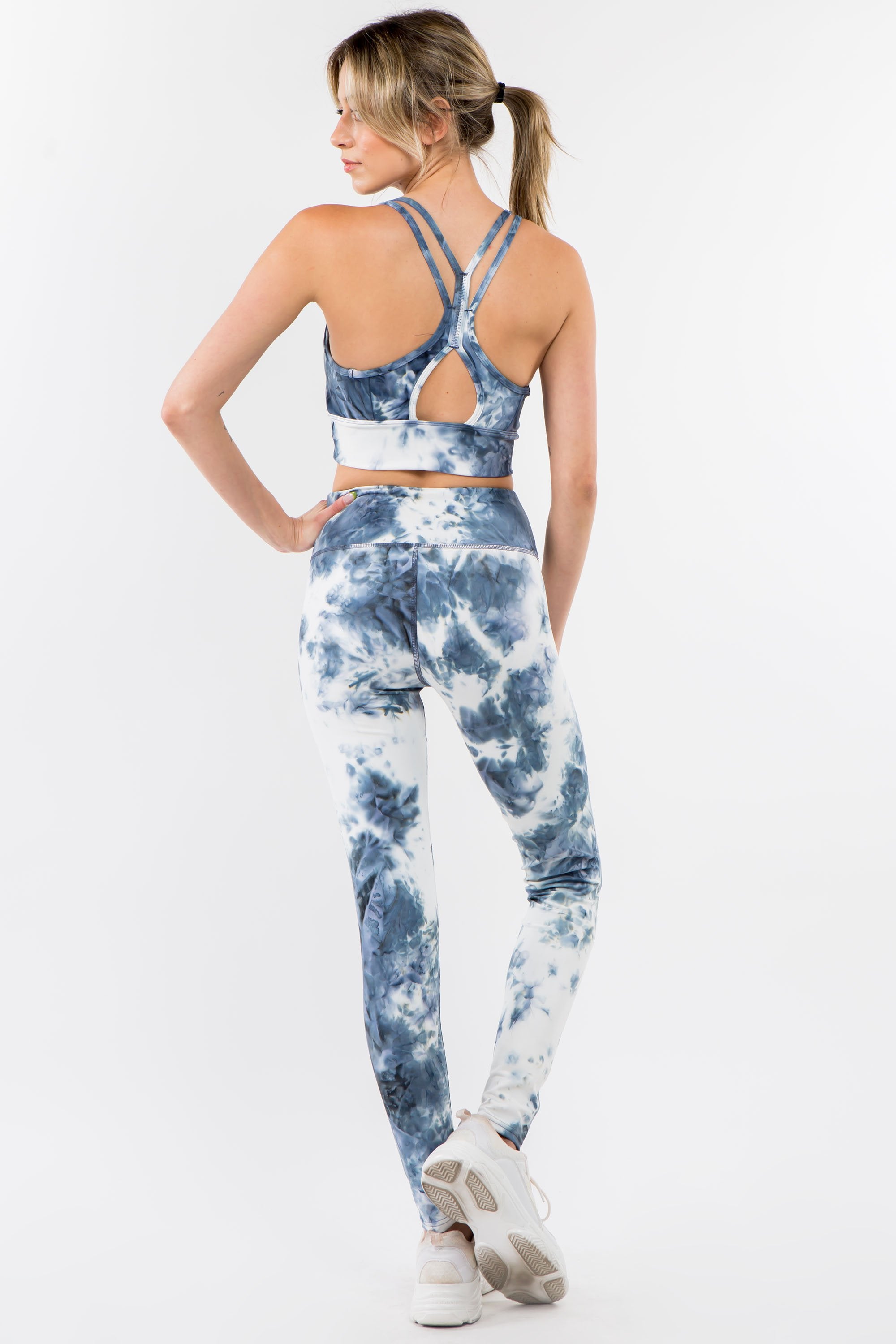 Royal Blue Tie-Dye Activewear Set featuring a racerback bra and high-waisted leggings, perfect for yoga and gym workouts.