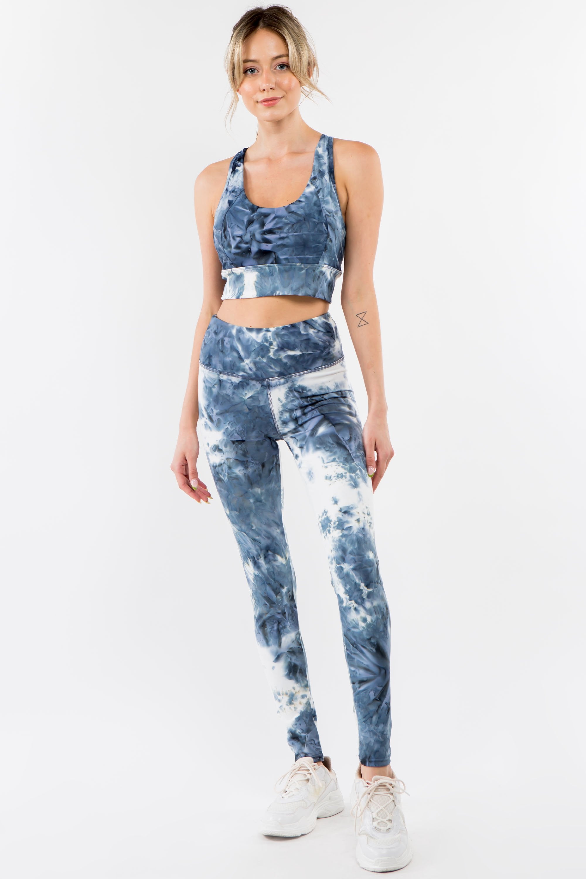 Royal Blue Tie-Dye Activewear Set featuring a racerback bra and high-waisted leggings, perfect for yoga and gym workouts.