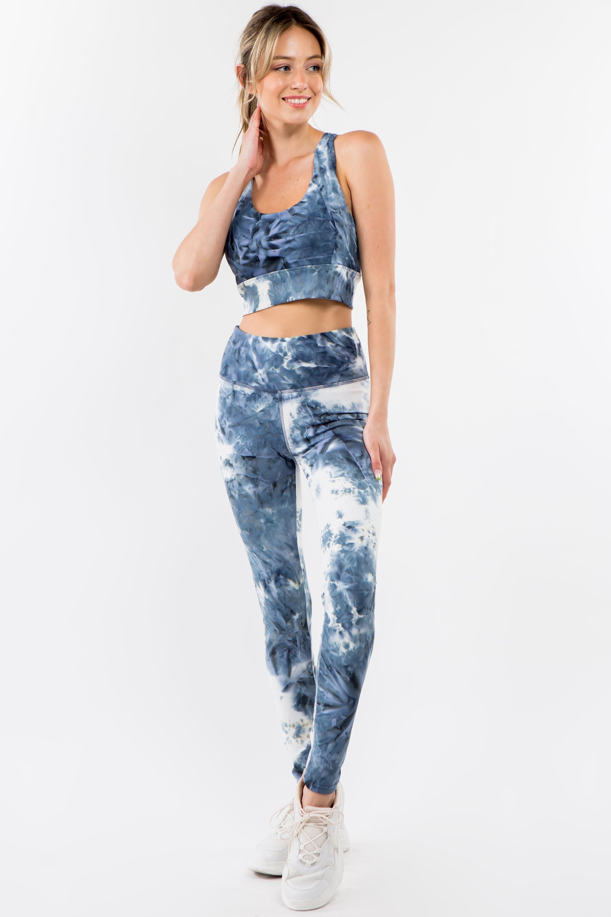 Royal Blue Tie-Dye Activewear Set featuring a racerback bra and high-waisted leggings, perfect for yoga and gym workouts.