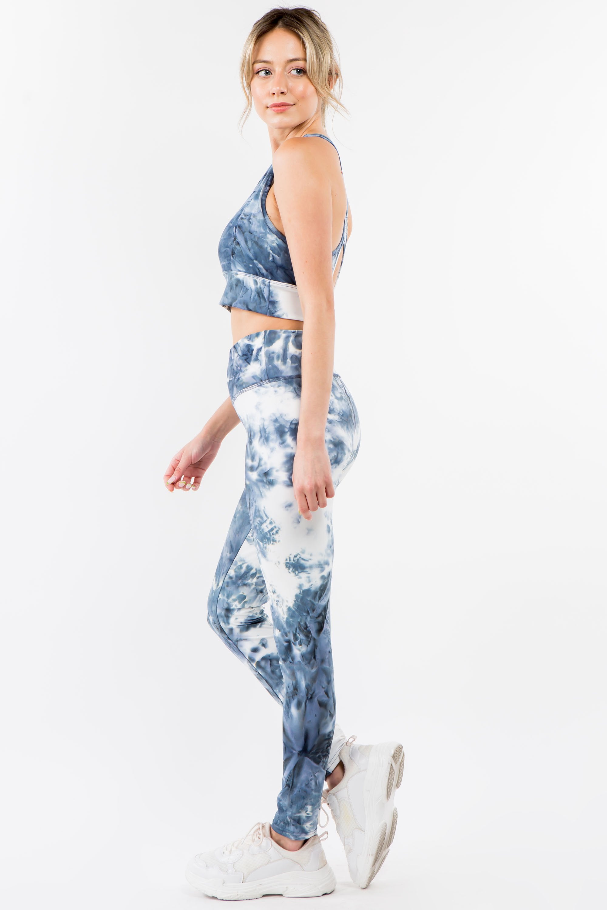 Royal Blue Tie-Dye Activewear Set featuring a racerback bra and high-waisted leggings, perfect for yoga and gym workouts.