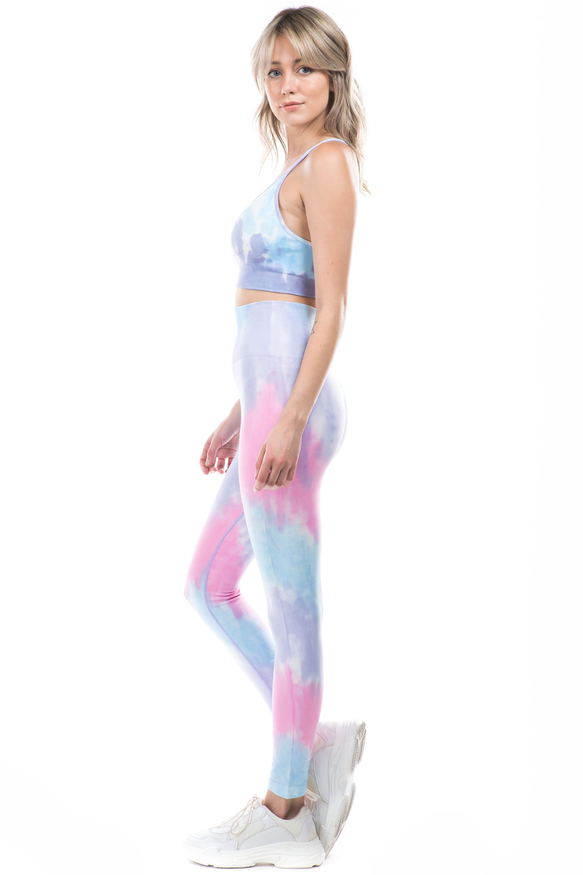 Tie-Dye Strappy Back Active Set in Purple featuring a colorful bra and high-waisted leggings, perfect for workouts and casual wear.